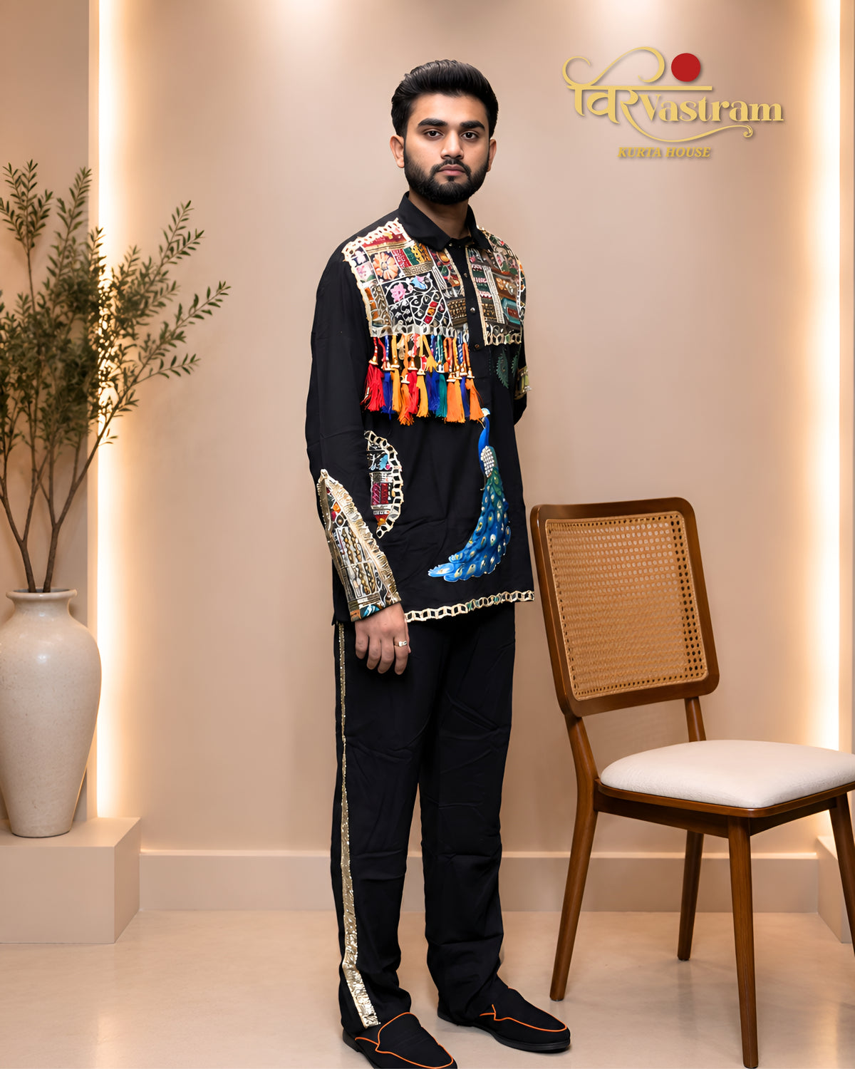 Men's Peacock Motif & Kutch Patchwork Short Kurta Set with Tassels | Navratri & Festive Fusion Wear
