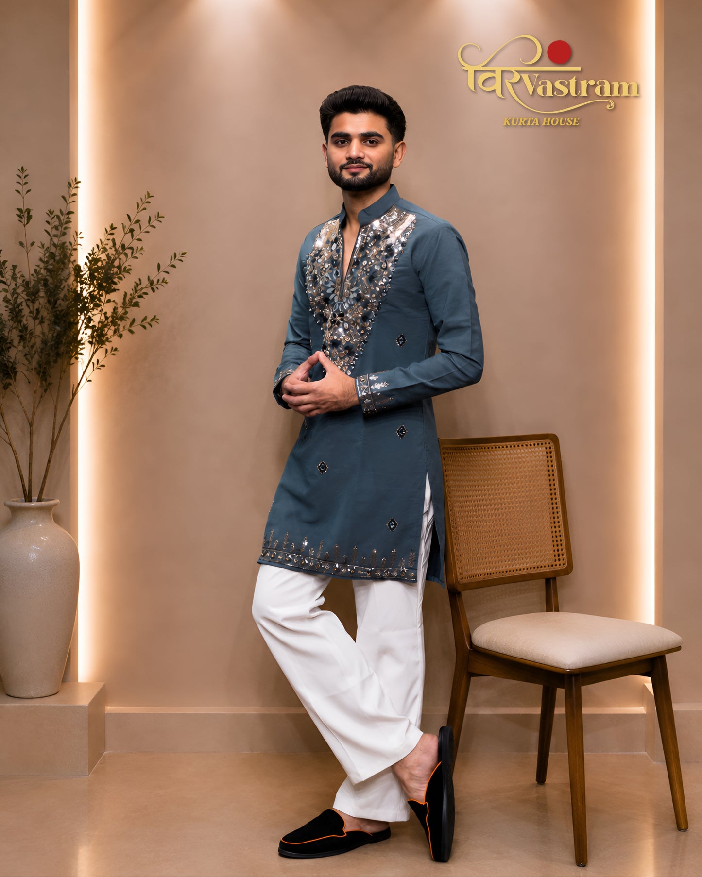 Premium Armani Fabric Mirror & Beads Work V-Neck Short Kurta