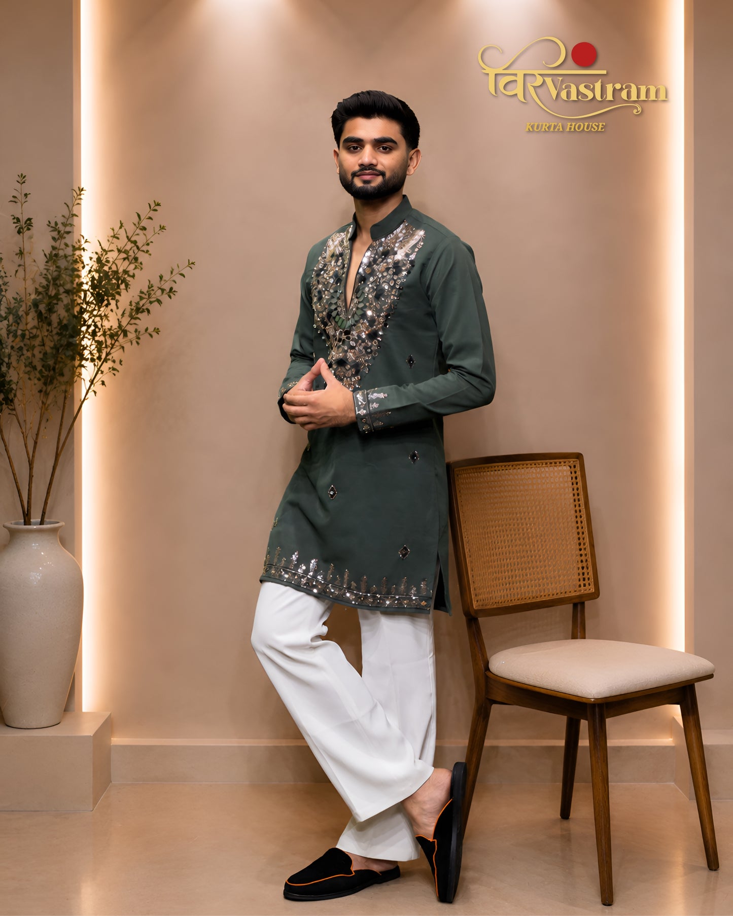 Premium Armani Fabric Mirror & Beads Work V-Neck Short Kurta