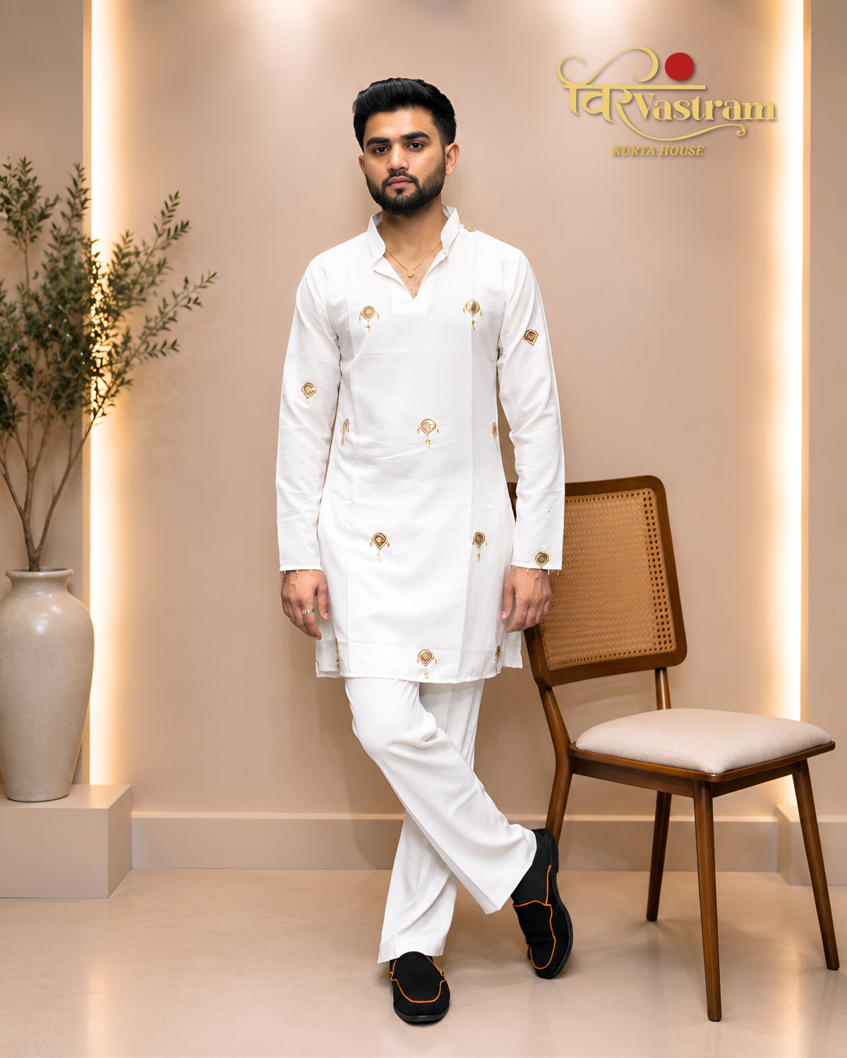 Men's Embroidered Motif Silk Blend Short Kurta Set with Cowrie Shell Accent | Festive Wear