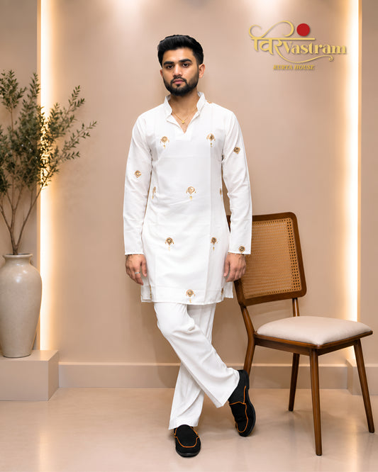 Men's Embroidered Motif Silk Blend Short Kurta Set with Cowrie Shell Accent | Festive Wear