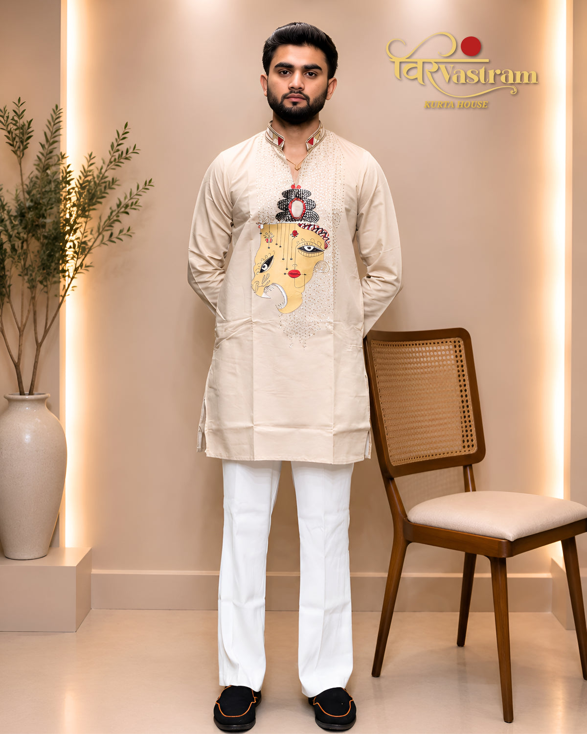 Men's Artistic Abstract Face Print & Mirror Work Cotton Silk Short Kurta Set | Festive & Fusion Wear