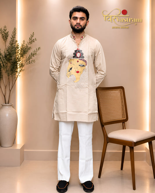 Men's Artistic Abstract Face Print & Mirror Work Cotton Silk Short Kurta Set | Festive & Fusion Wear