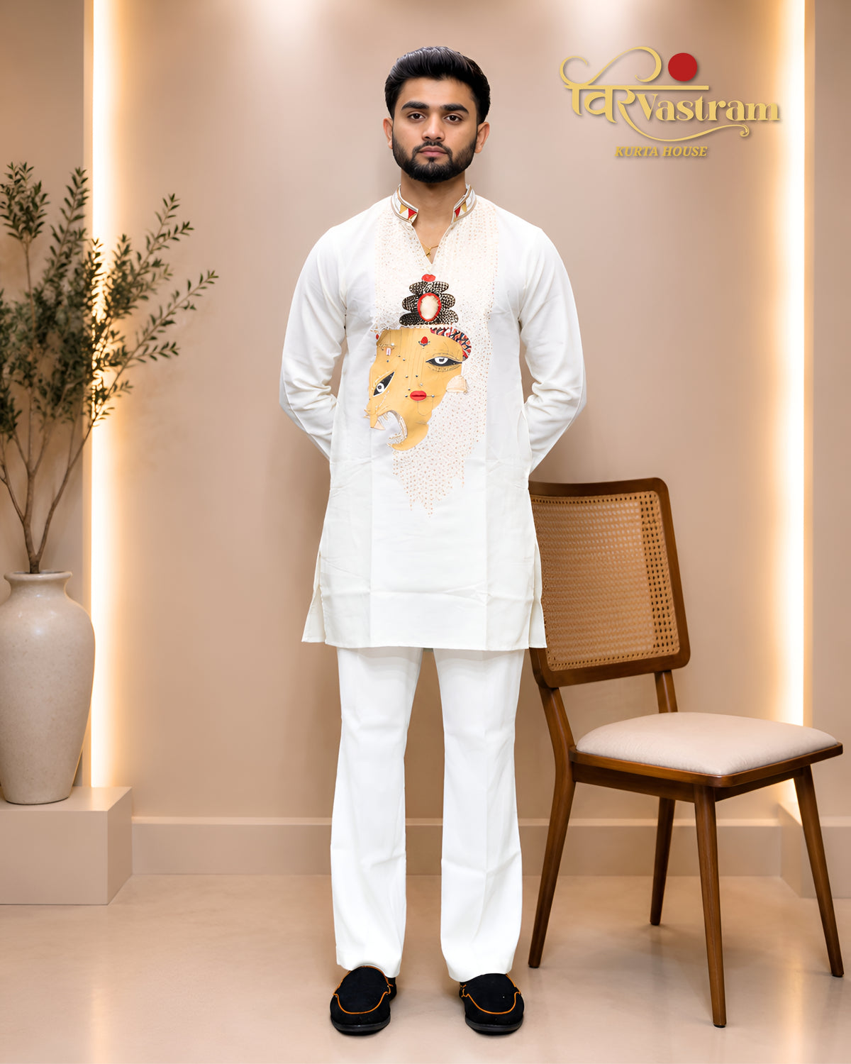 Men's Artistic Abstract Face Print & Mirror Work Cotton Silk Short Kurta Set | Festive & Fusion Wear