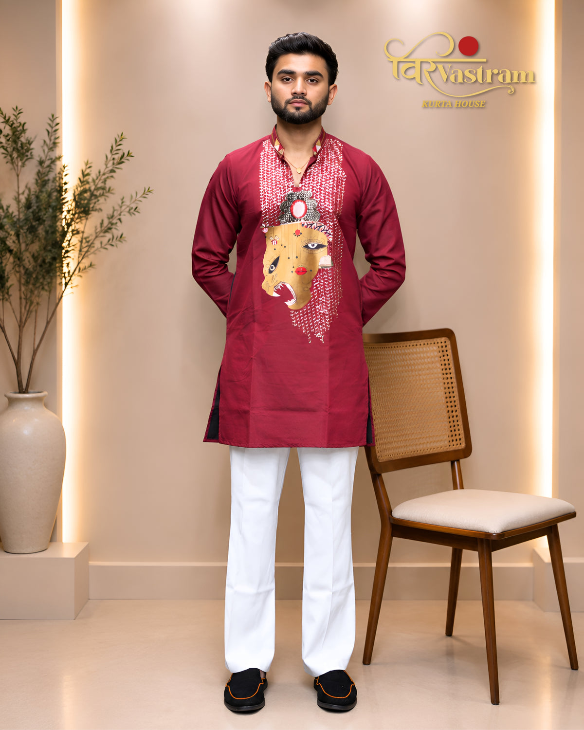 Men's Artistic Abstract Face Print & Mirror Work Cotton Silk Short Kurta Set | Festive & Fusion Wear