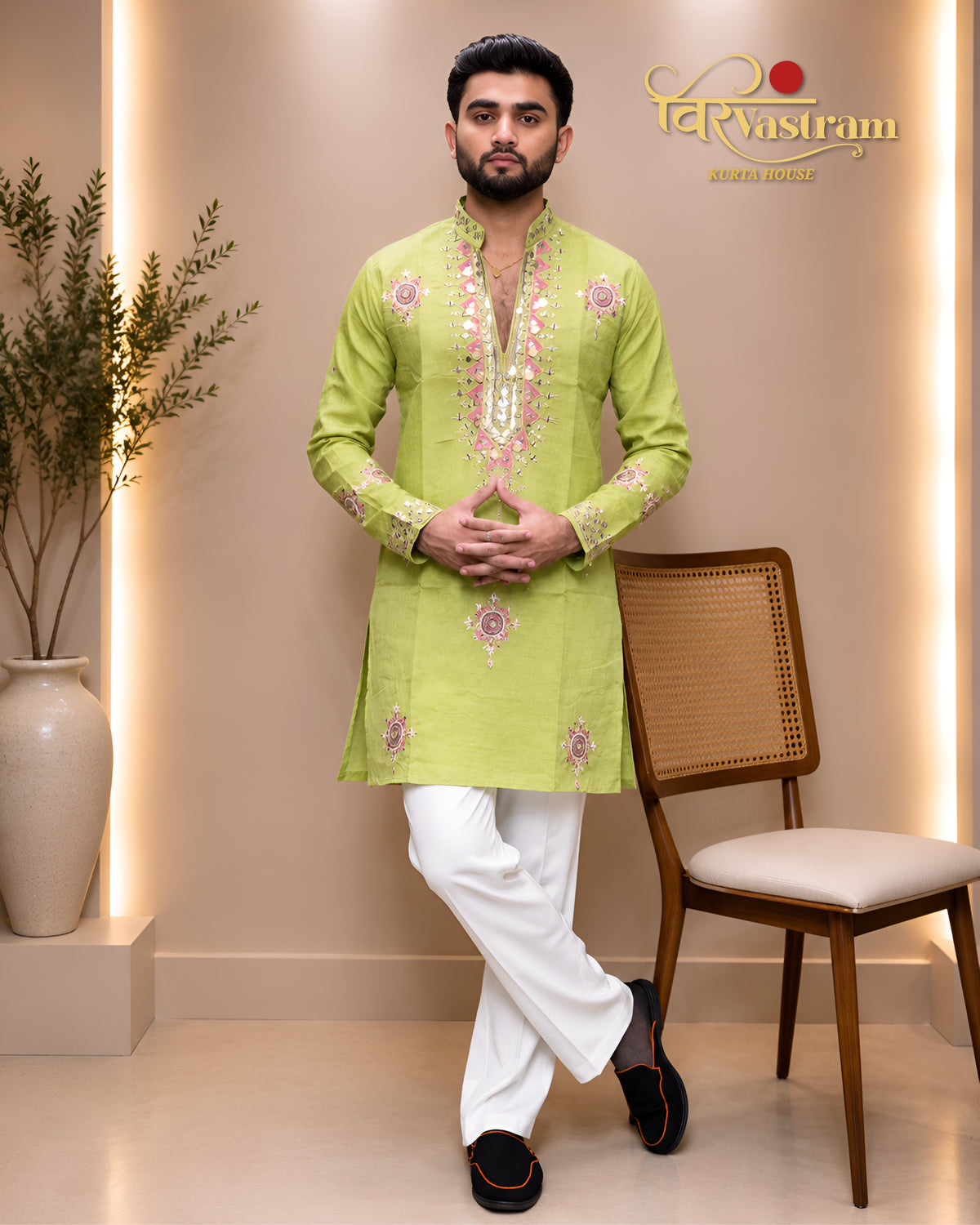 Men's Mirror Work & Mandala Motif Embroidered Silk Short Kurta Set | Festive Wear