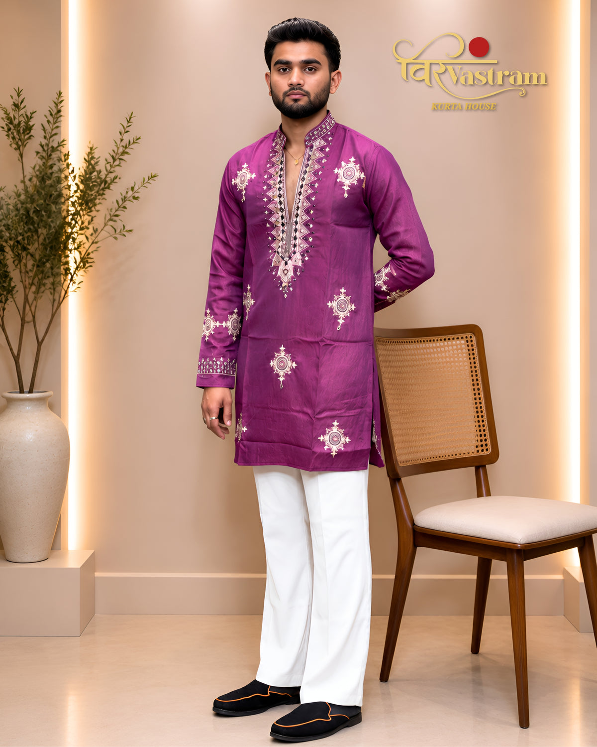 Men's Mirror Work & Mandala Motif Embroidered Silk Short Kurta Set | Festive Wear