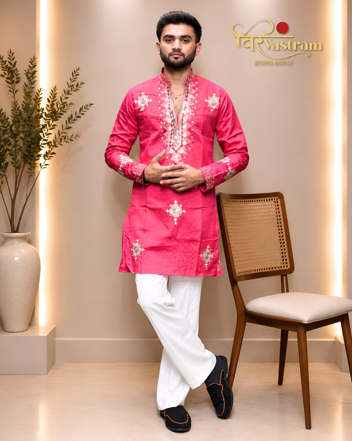 Men's Mirror Work & Mandala Motif Embroidered Silk Short Kurta Set | Festive Wear