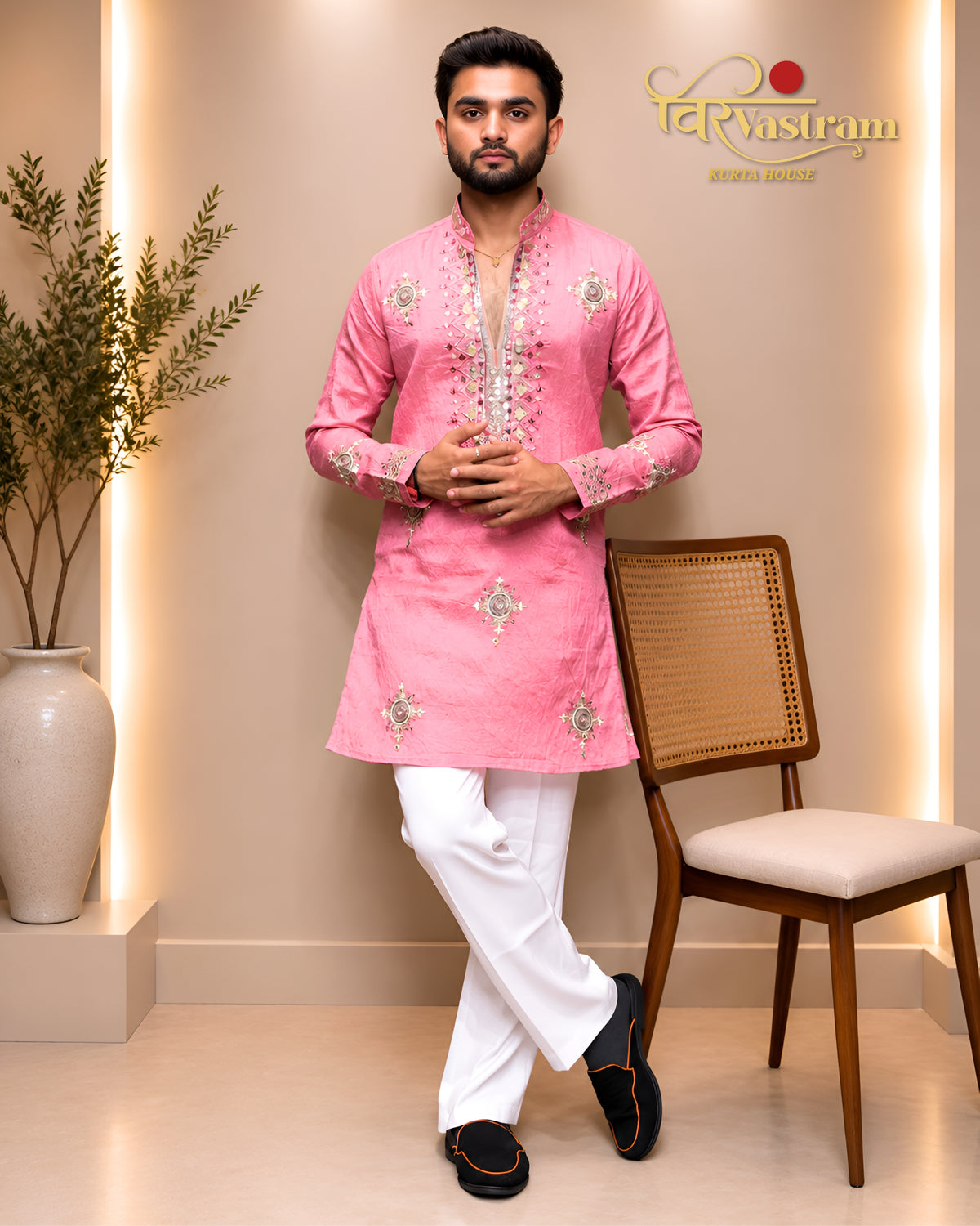 Men's Mirror Work & Mandala Motif Embroidered Silk Short Kurta Set | Festive Wear