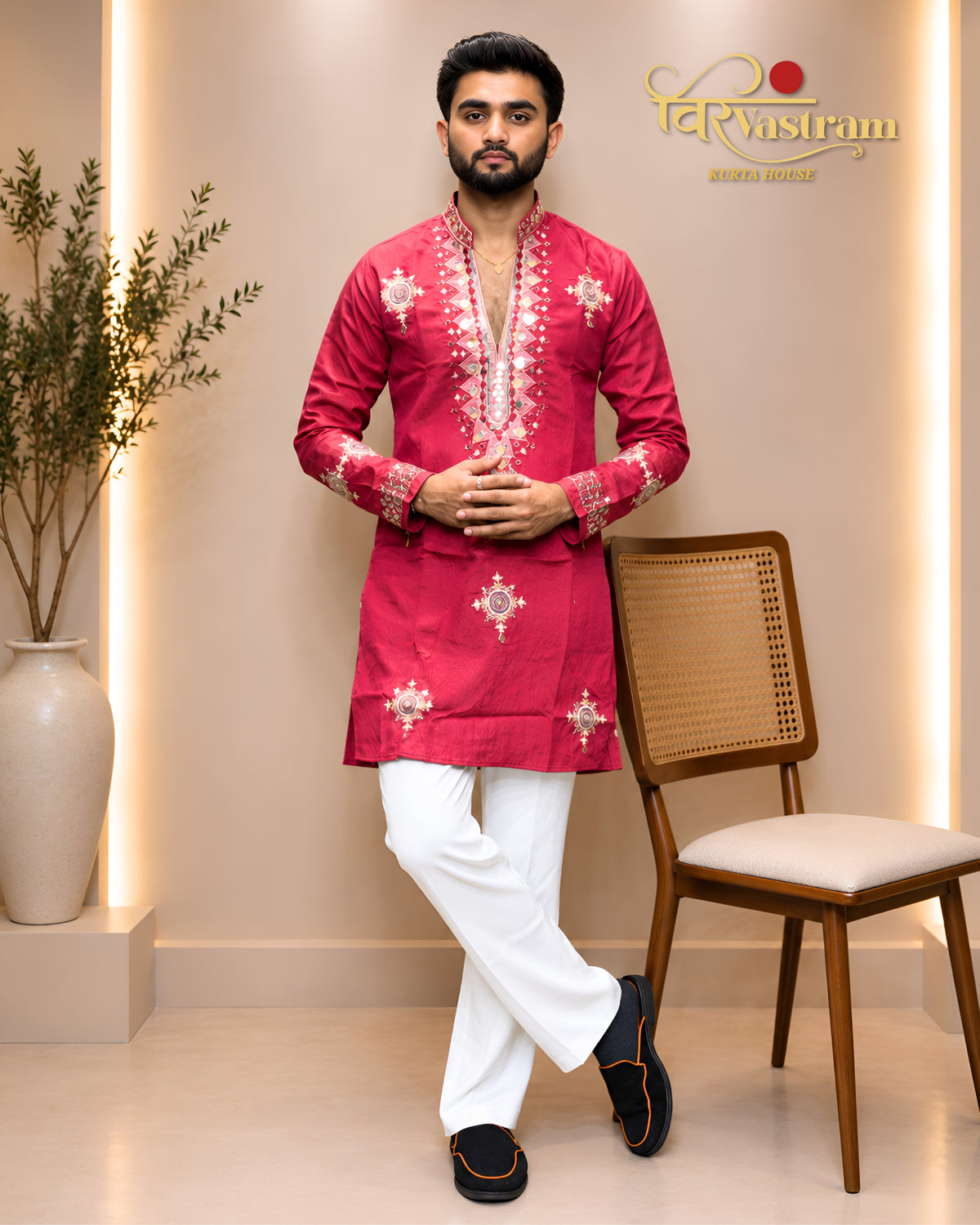 Men's Mirror Work & Mandala Motif Embroidered Silk Short Kurta Set | Festive Wear