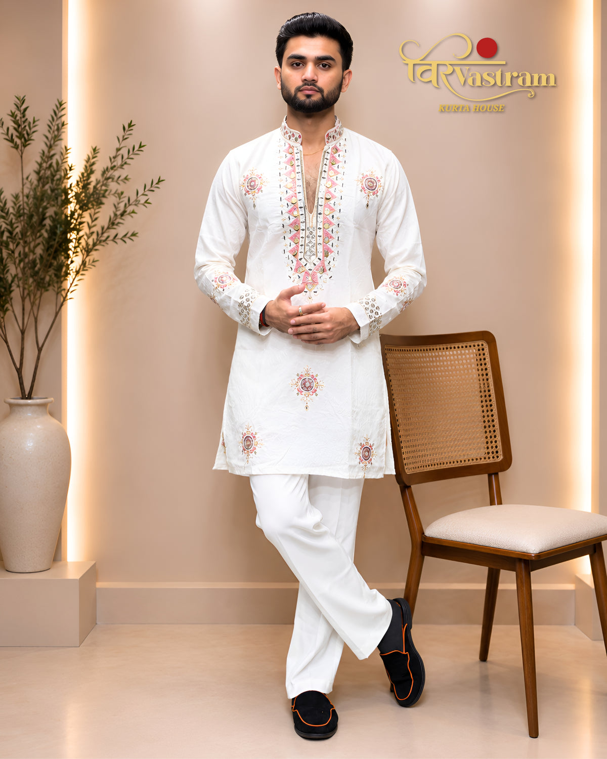 Men's Mirror Work & Mandala Motif Embroidered Silk Short Kurta Set | Festive Wear