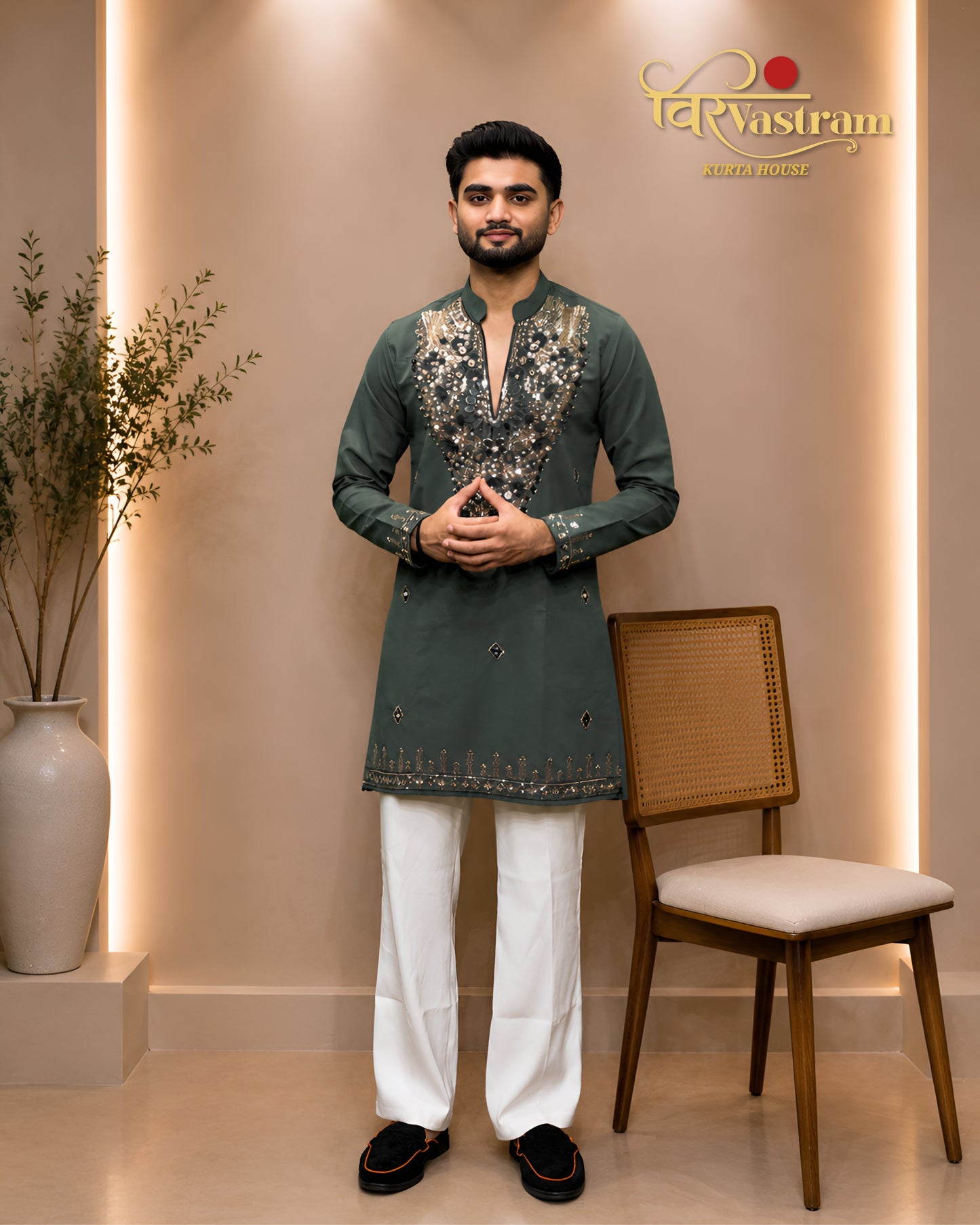 Premium Armani Fabric Mirror & Beads Work V-Neck Short Kurta
