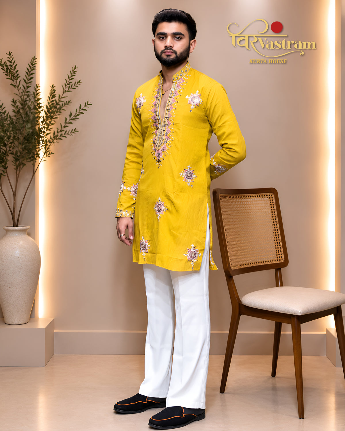 Men's Mirror Work & Mandala Motif Embroidered Silk Short Kurta Set | Festive Wear