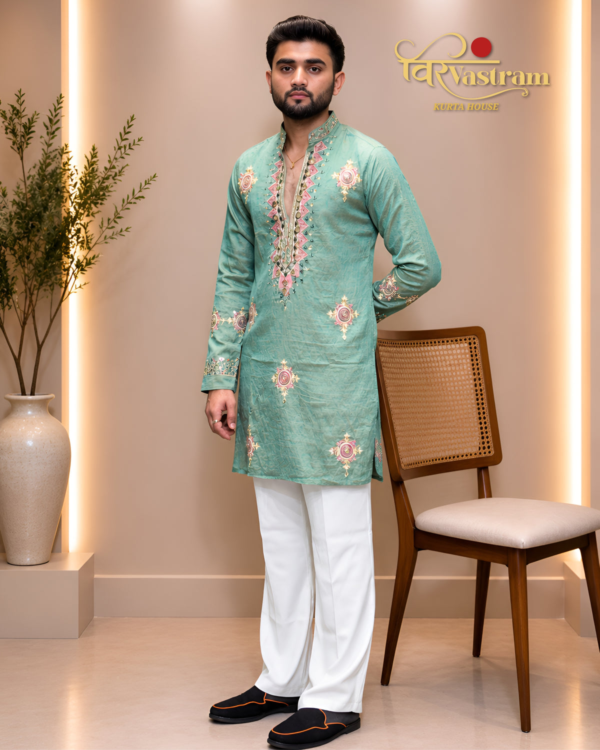 Men's Mirror Work & Mandala Motif Embroidered Silk Short Kurta Set | Festive Wear