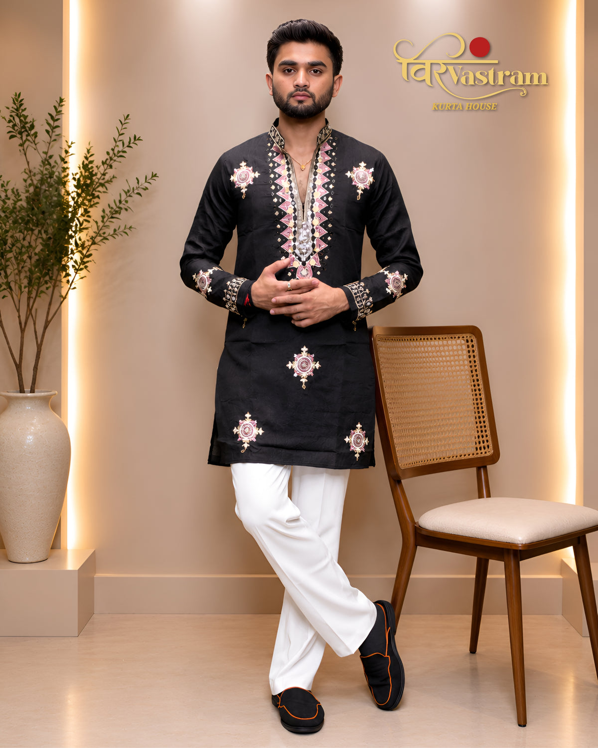 Men's Mirror Work & Mandala Motif Embroidered Silk Short Kurta Set | Festive Wear