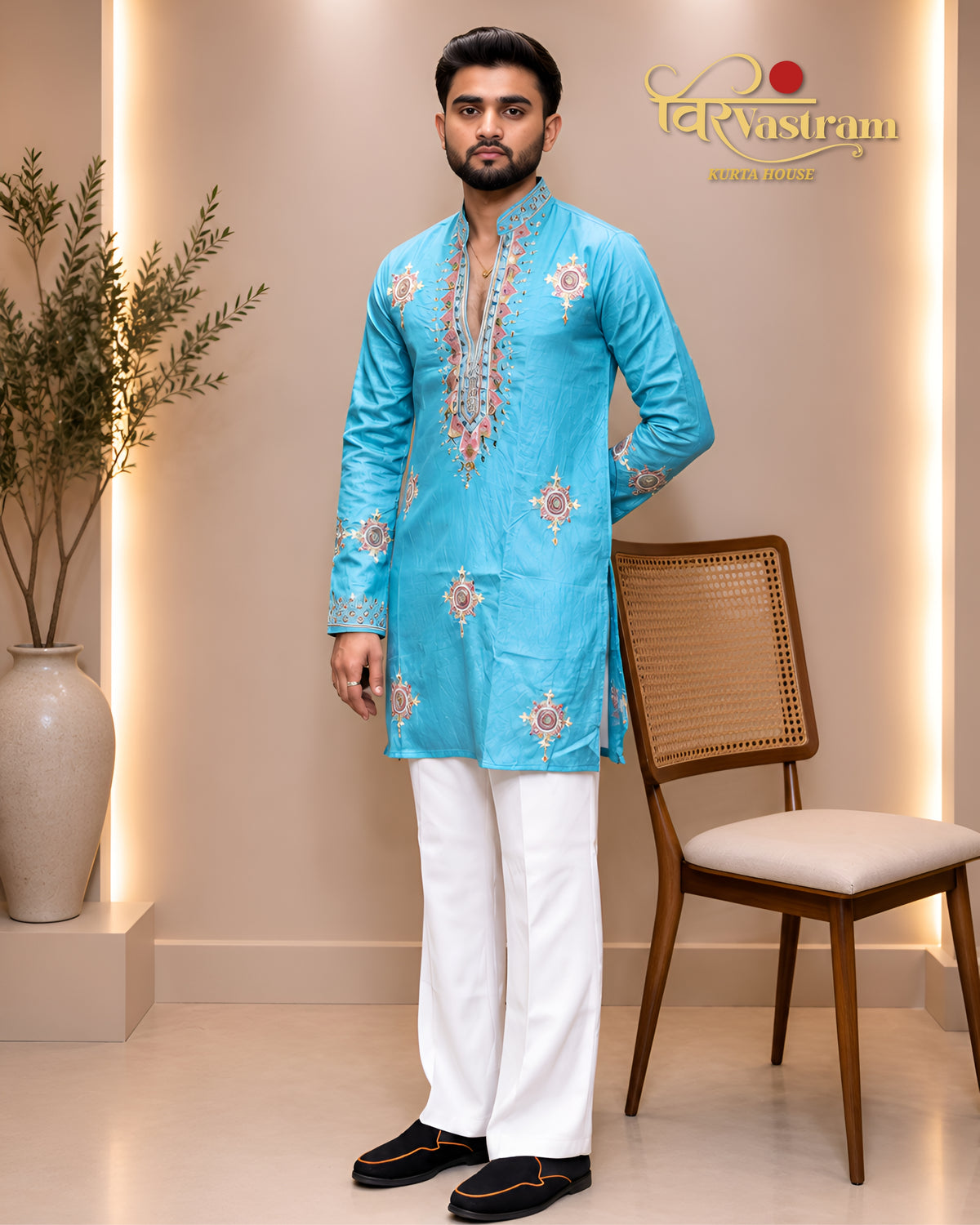 Men's Mirror Work & Mandala Motif Embroidered Silk Short Kurta Set | Festive Wear