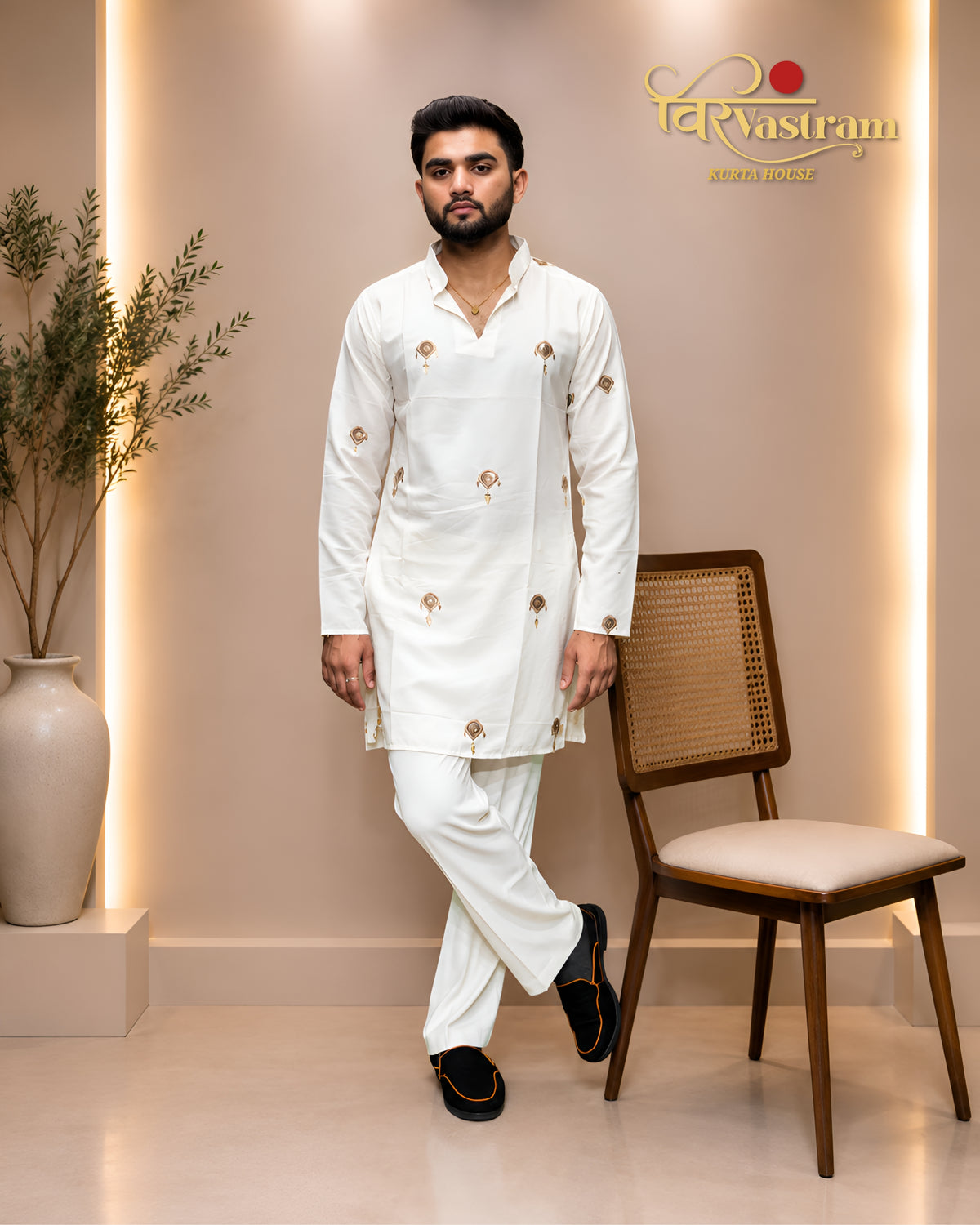 Men's Embroidered Motif Cotton Silk Short Kurta Set | Modern Ethnic Wear