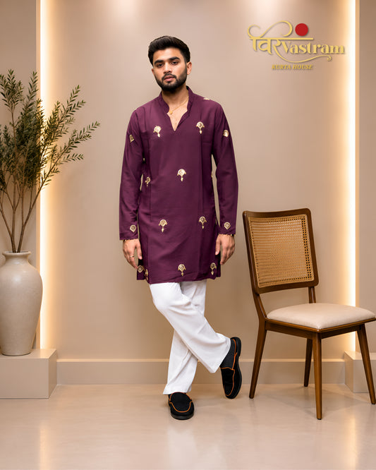 Men's Embroidered Motif Cotton Silk Short Kurta Set | Modern Ethnic Wear