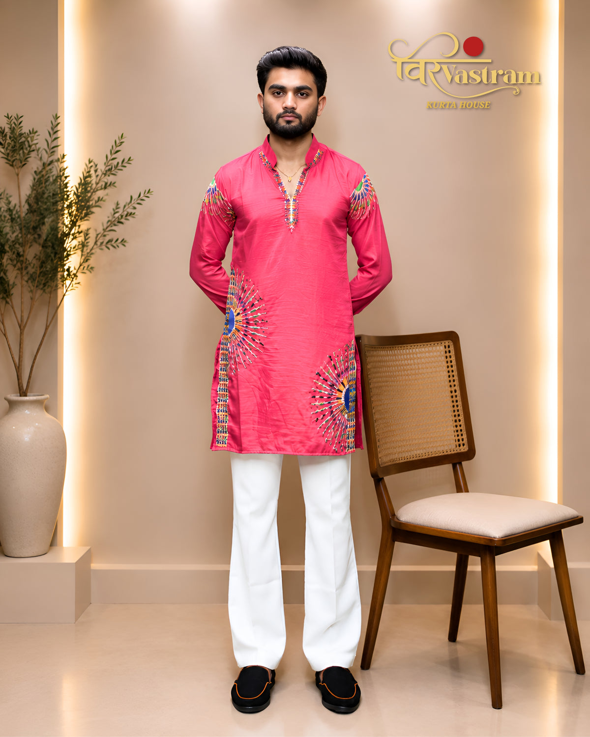 Men's Circular Mirror-Work Embroidered Short Kurta Set | Festive Navratri Wear