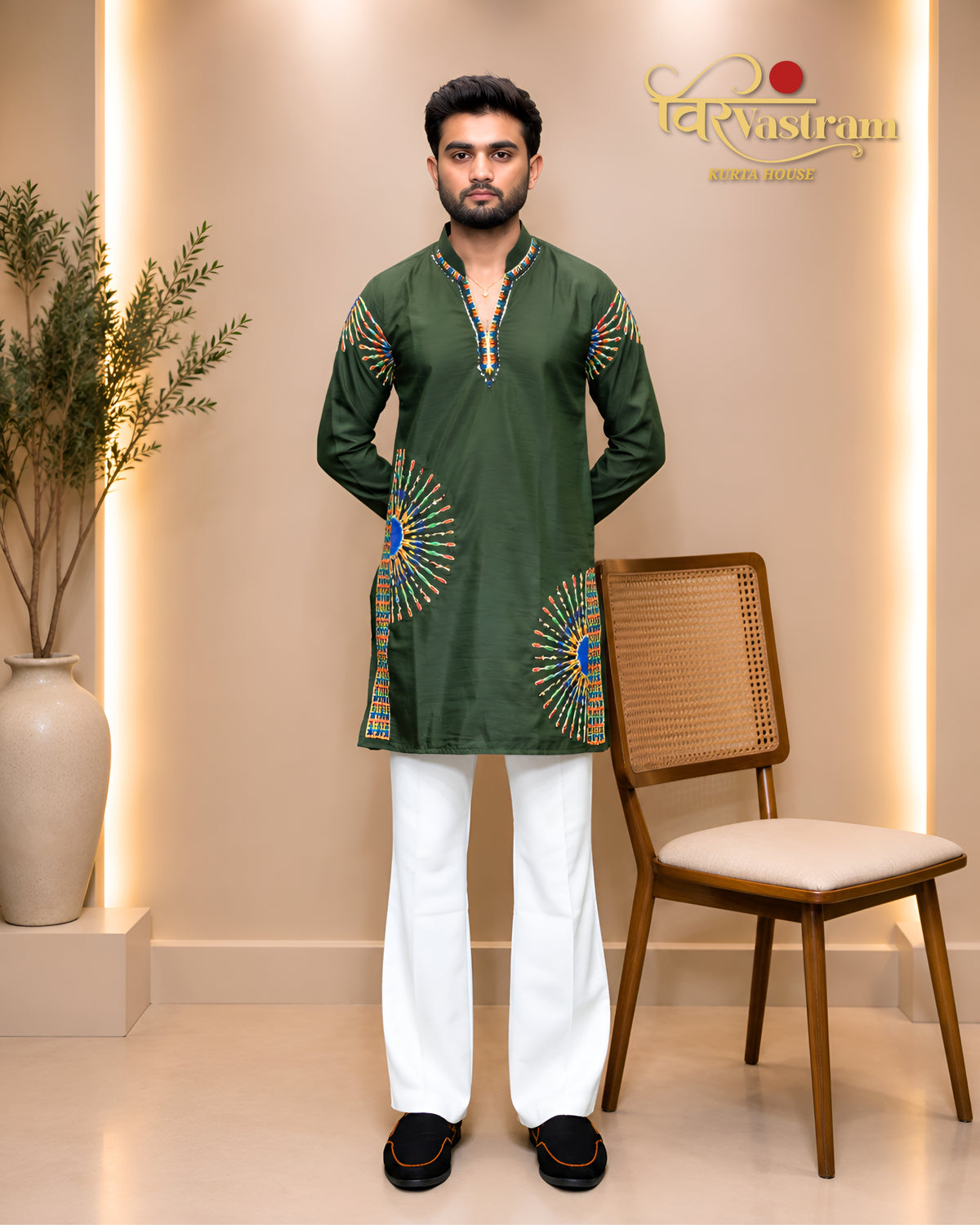 Men's Circular Mirror-Work Embroidered Short Kurta Set | Festive Navratri Wear