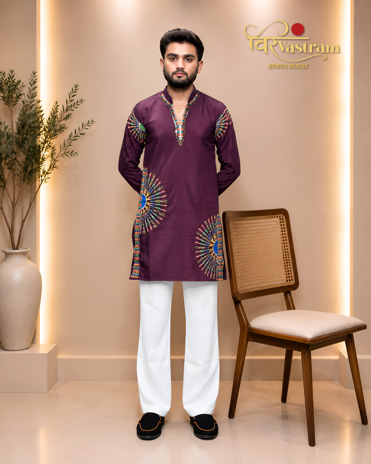 Men's Circular Mirror-Work Embroidered Short Kurta Set | Festive Navratri Wear