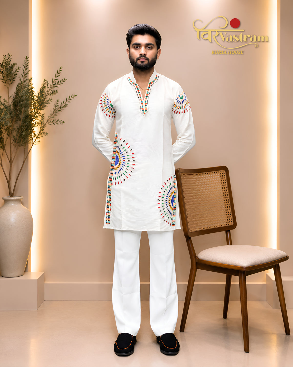Men's Circular Mirror-Work Embroidered Short Kurta Set | Festive Navratri Wear
