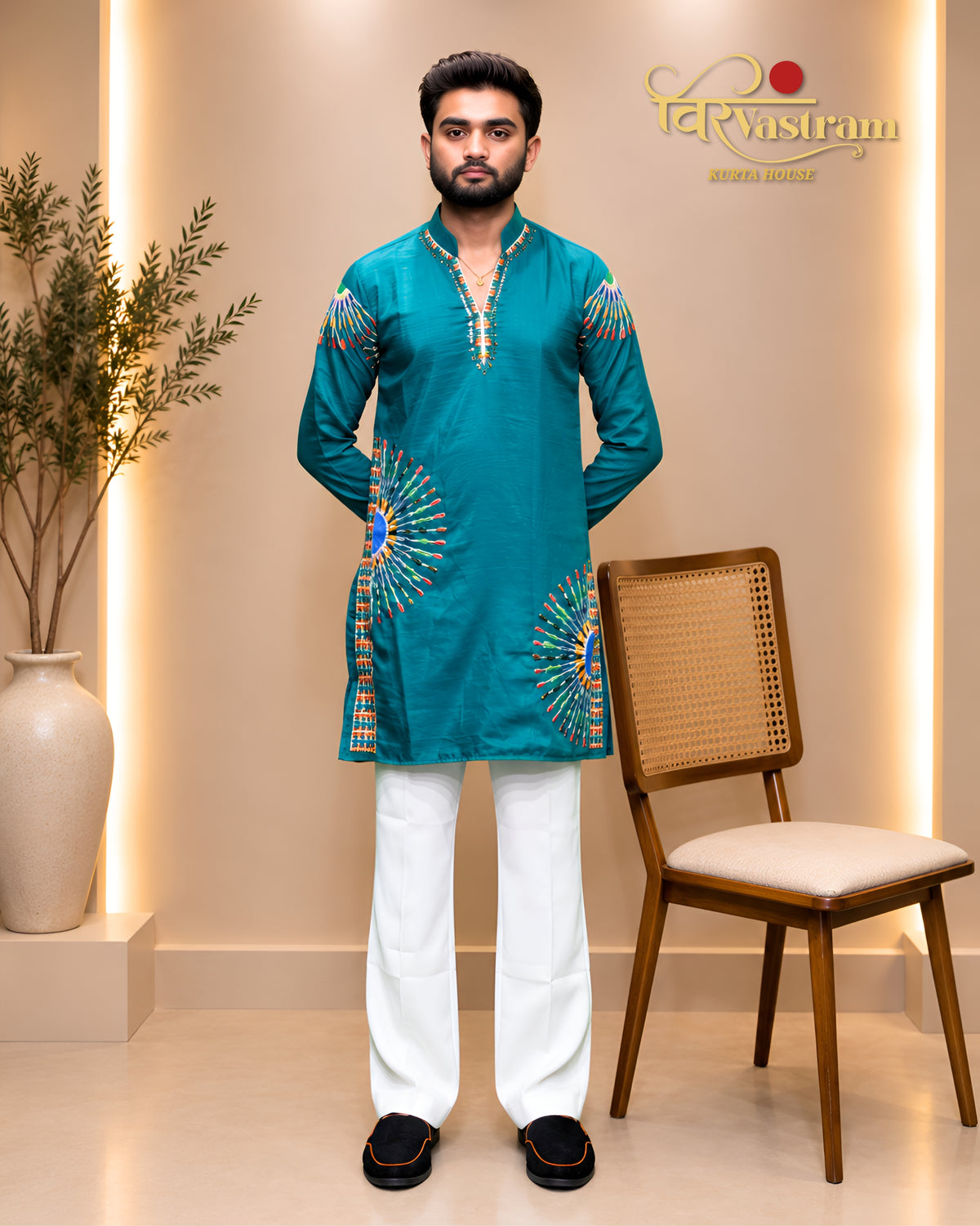 Men's Circular Mirror-Work Embroidered Short Kurta Set | Festive Navratri Wear
