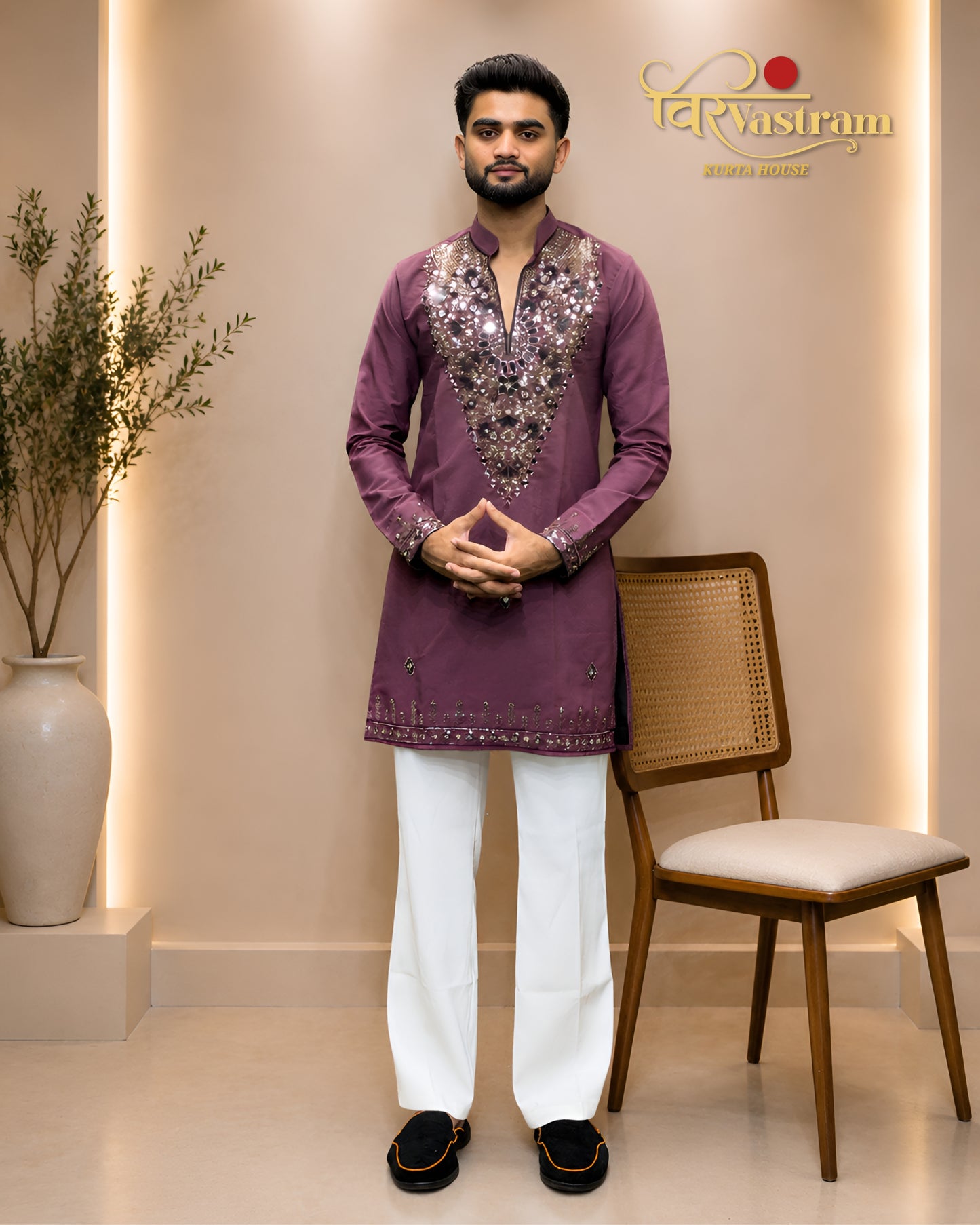 Premium Armani Fabric Mirror & Beads Work V-Neck Short Kurta