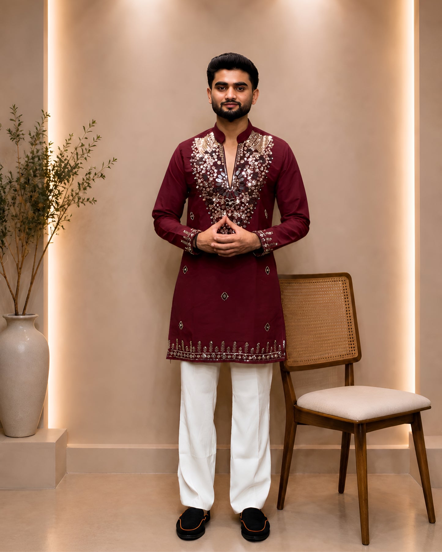 Premium Armani Fabric Mirror & Beads Work V-Neck Short Kurta