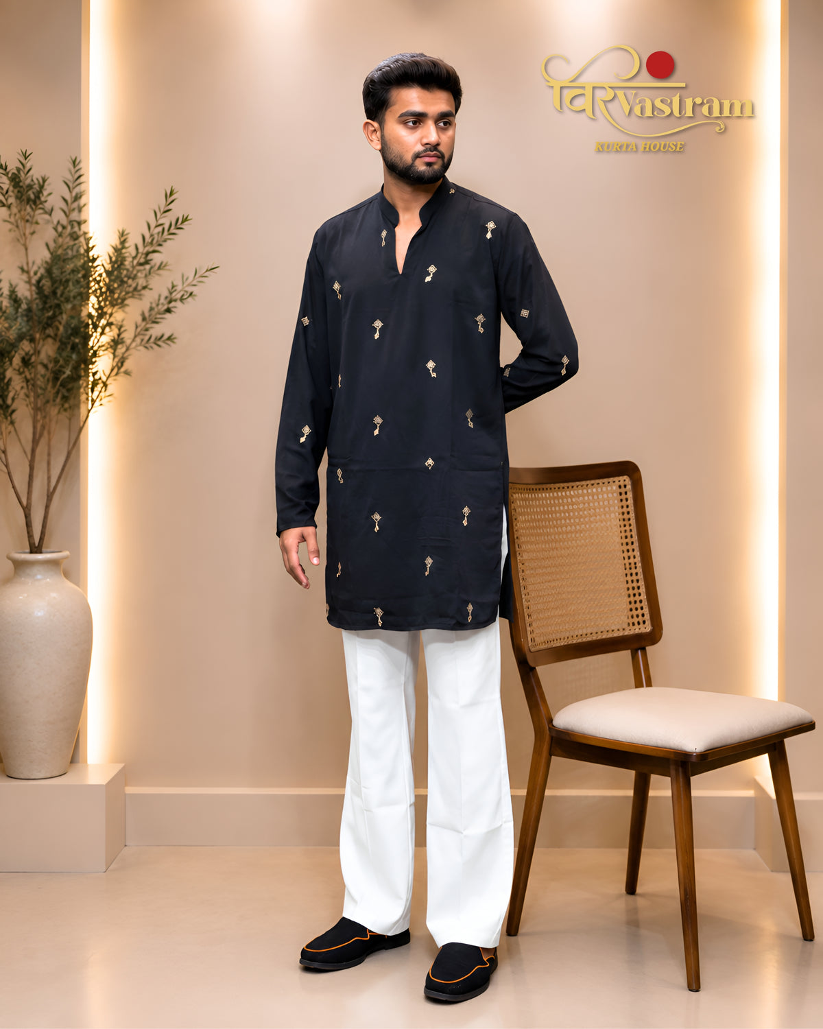 Men's Minimalist Embroidered Motif Short Kurta Set | Modern Ethnic Wear