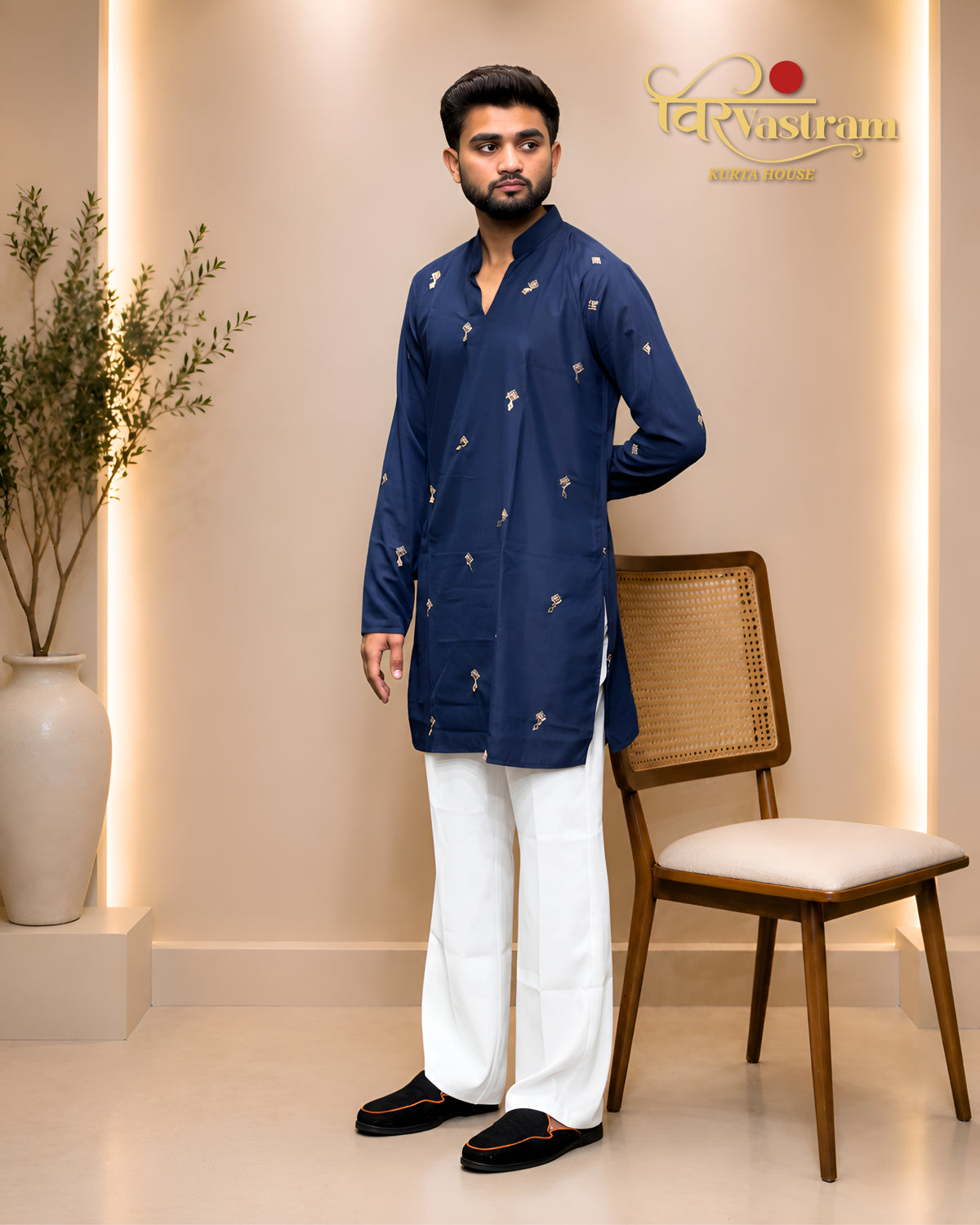 Men's Minimalist Embroidered Motif Short Kurta Set | Modern Ethnic Wear