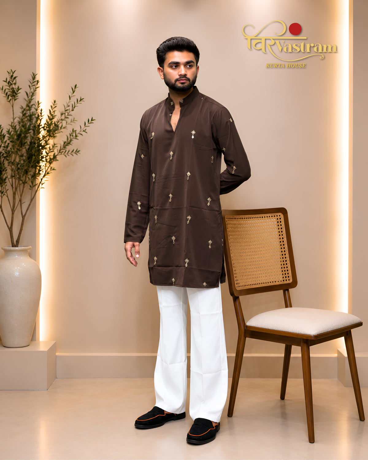 Men's Minimalist Embroidered Motif Short Kurta Set | Modern Ethnic Wear
