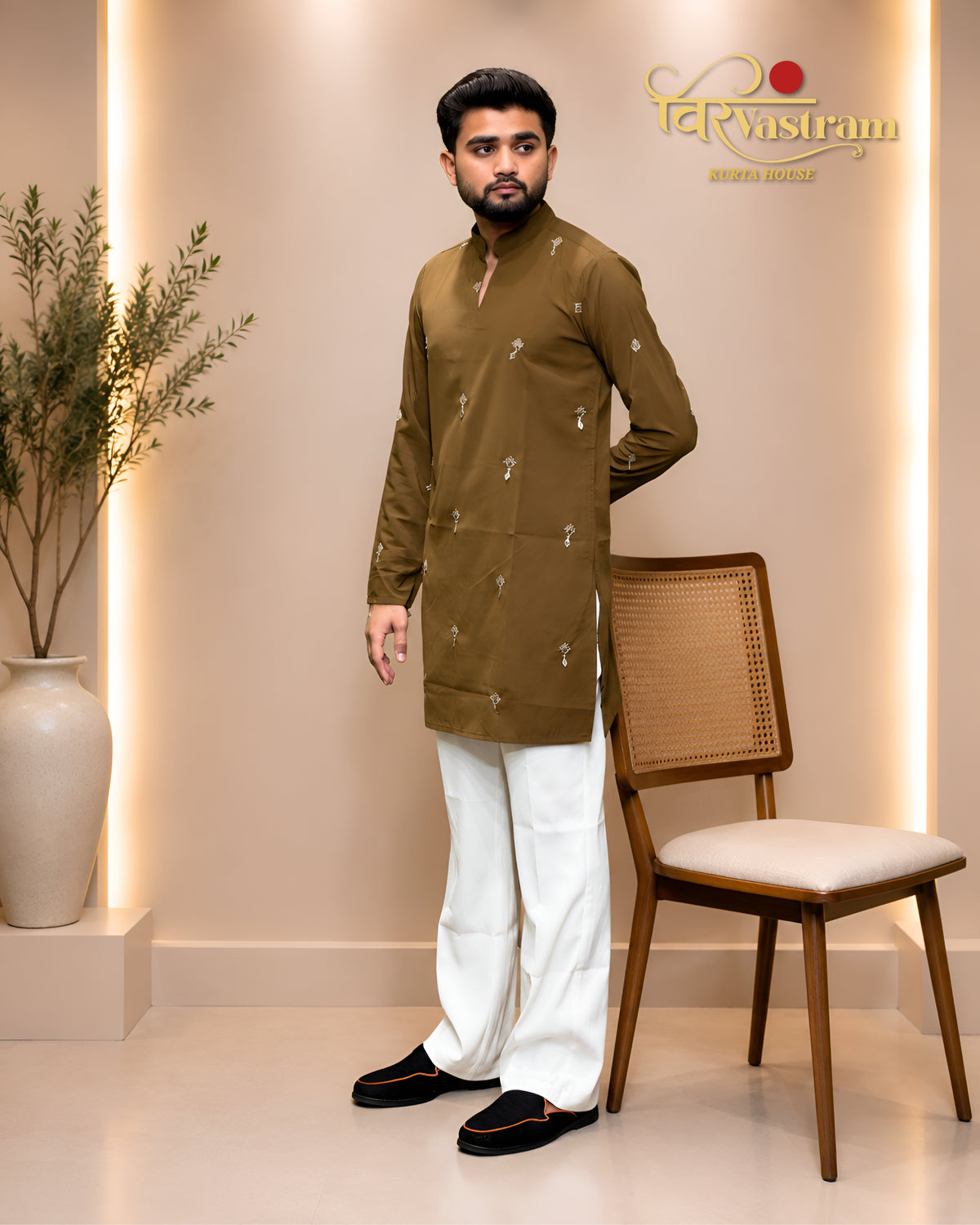 Men's Minimalist Embroidered Motif Short Kurta Set | Modern Ethnic Wear