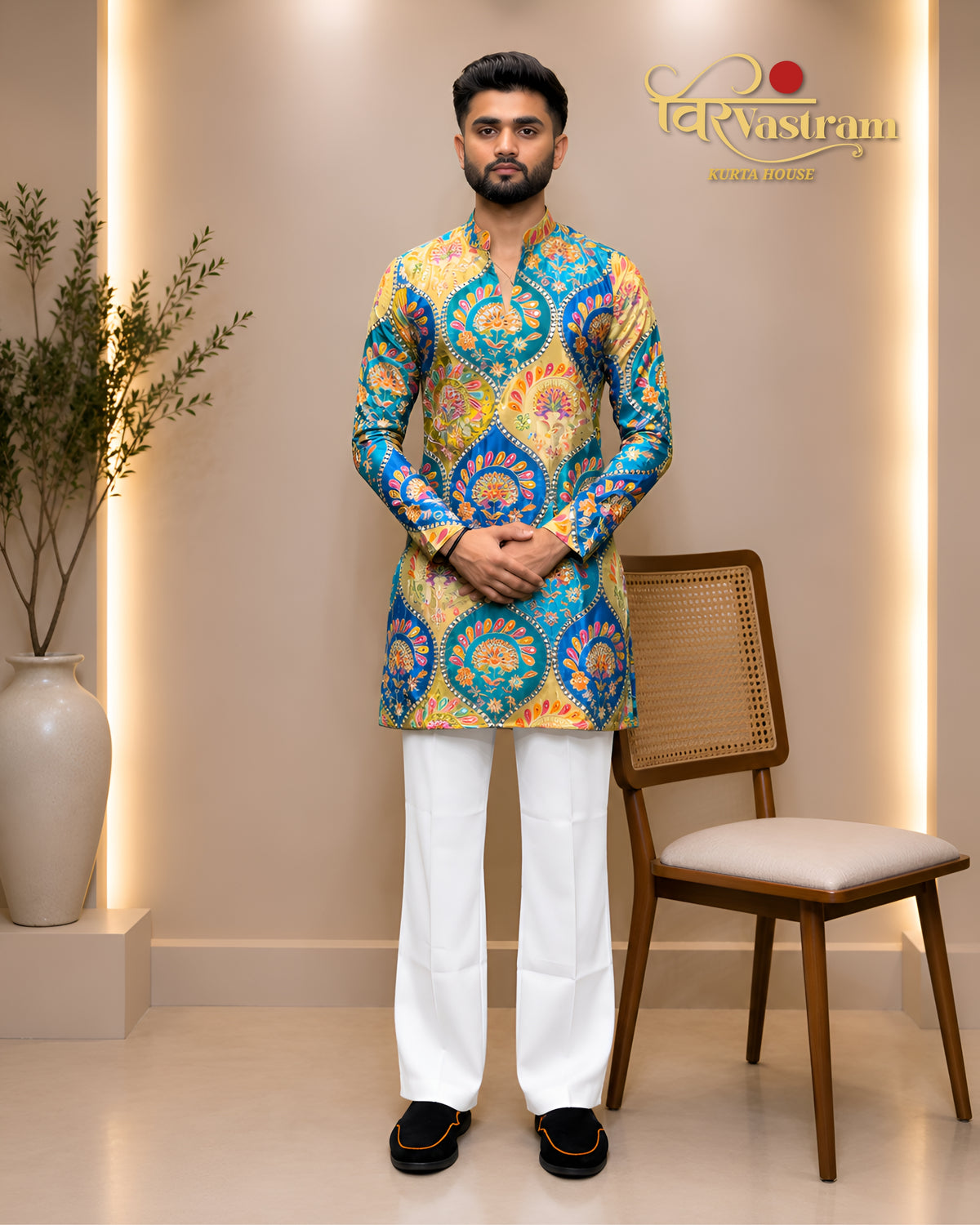 Men's Printed Silk Short Kurta Set | Festive Modern Ethnic Wear
