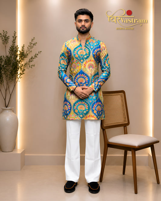 Men's Printed Silk Short Kurta Set | Festive Modern Ethnic Wear