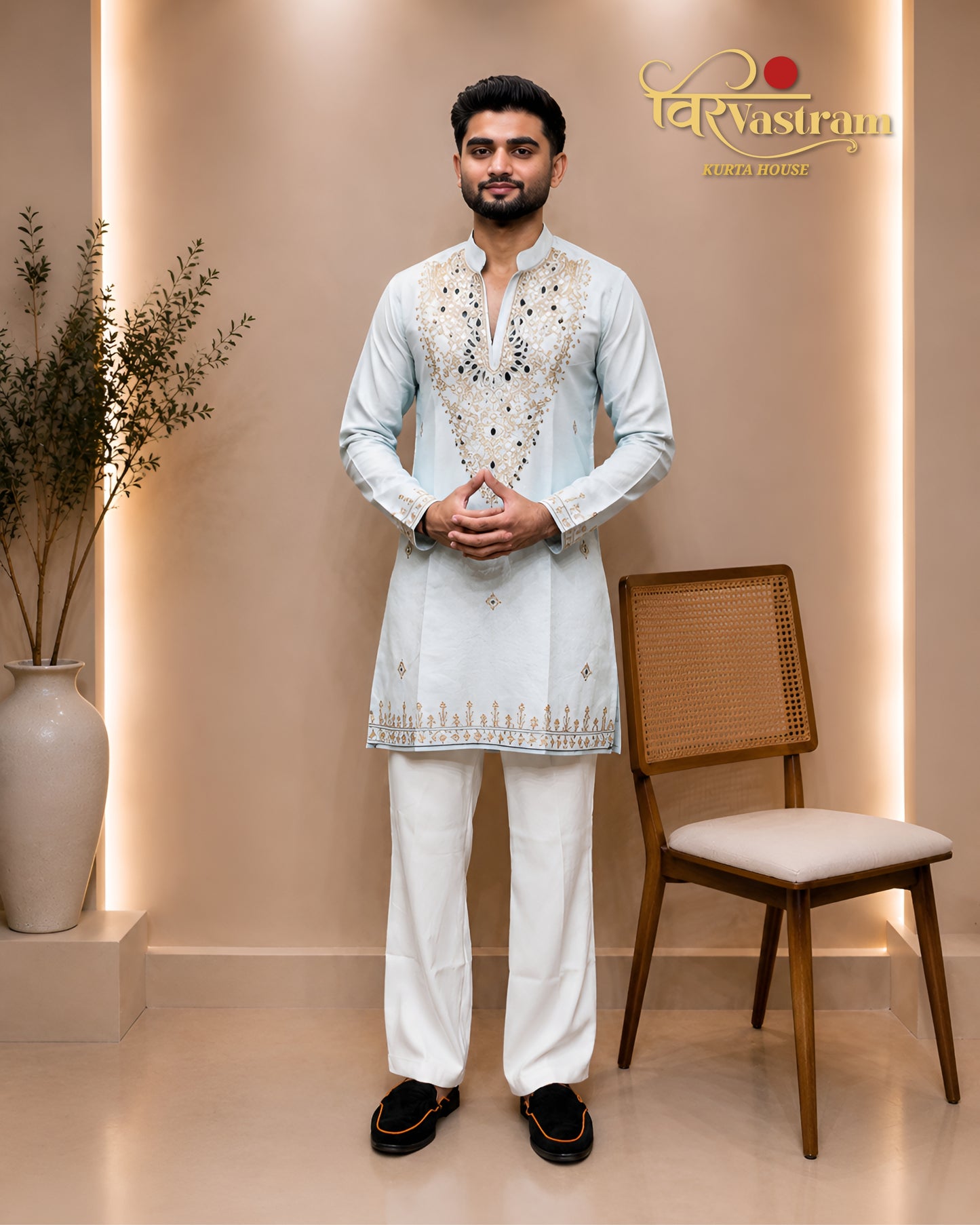 Premium Armani Fabric Mirror & Beads Work V-Neck Short Kurta