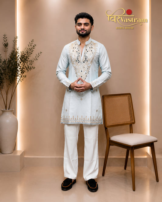 Premium Veervastram - Armani Fabric Mirror & Beads Work V-Neck Short Kurta
