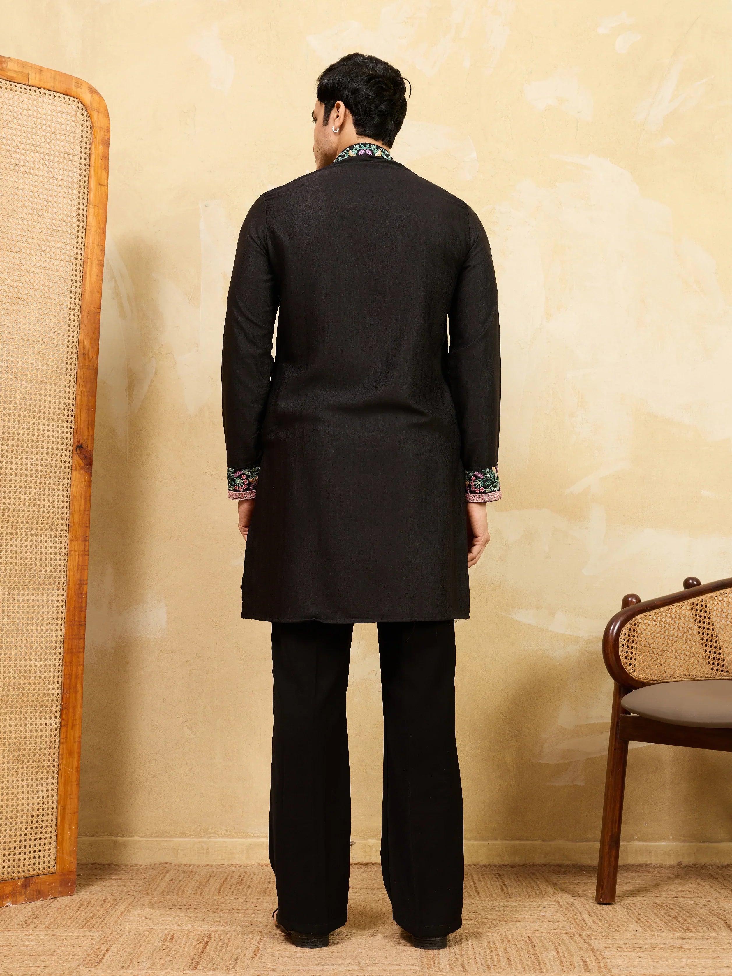 Modern Black Khadi Silk Kurta for Men Perfect for Festive Wear