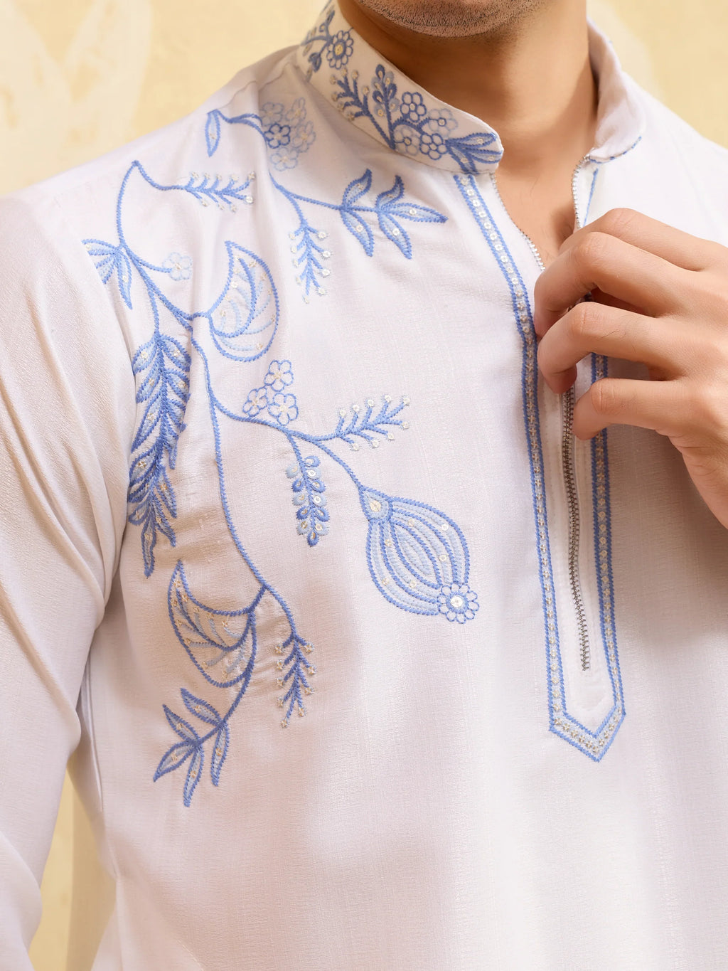 Premium White Khadi Silk Kurta for Men with Blue Thread Work