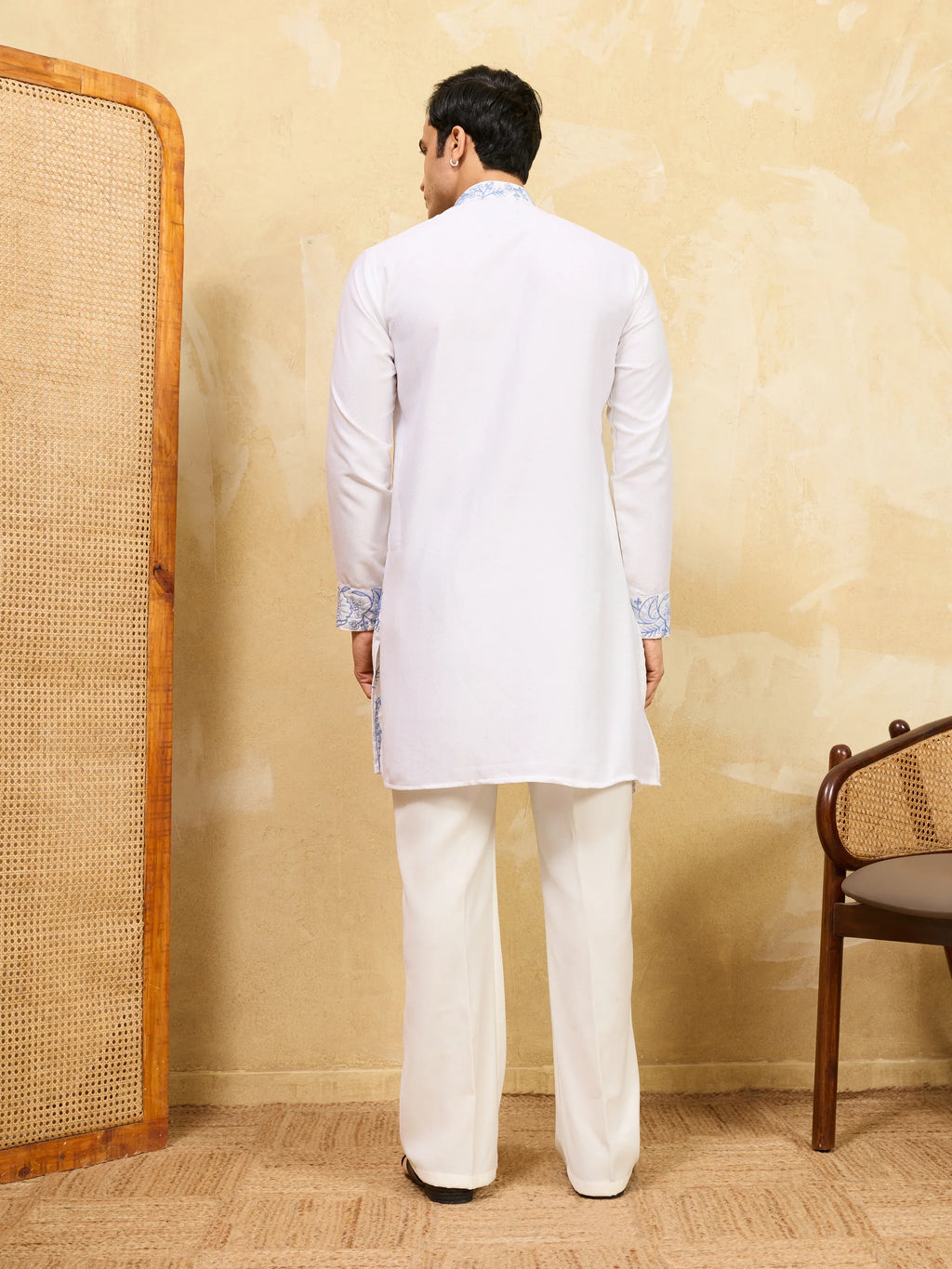 Premium White Khadi Silk Kurta for Men with Blue Thread Work