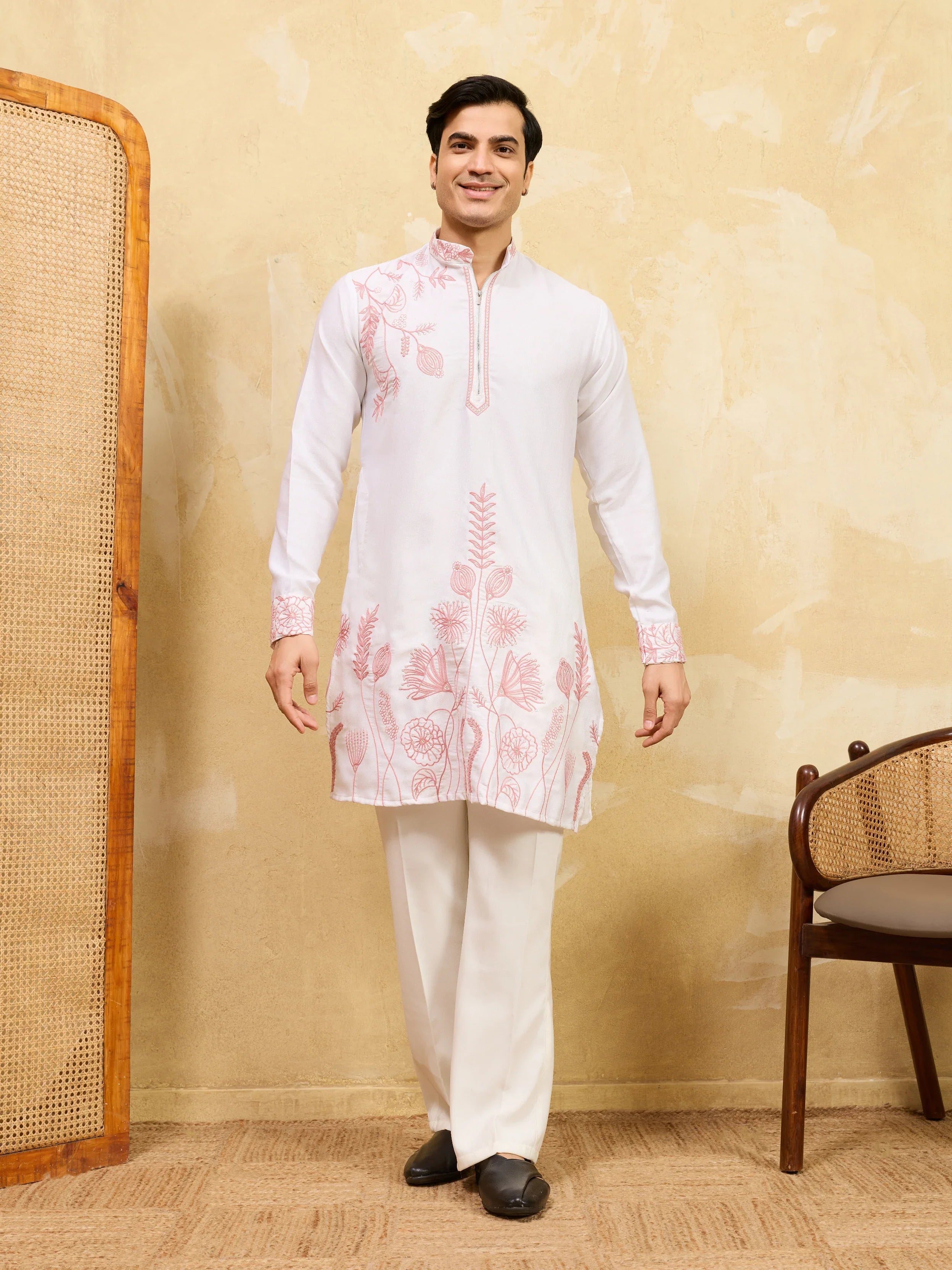 Signature White Khadi Silk Men’s Kurta with Pink Thread Work