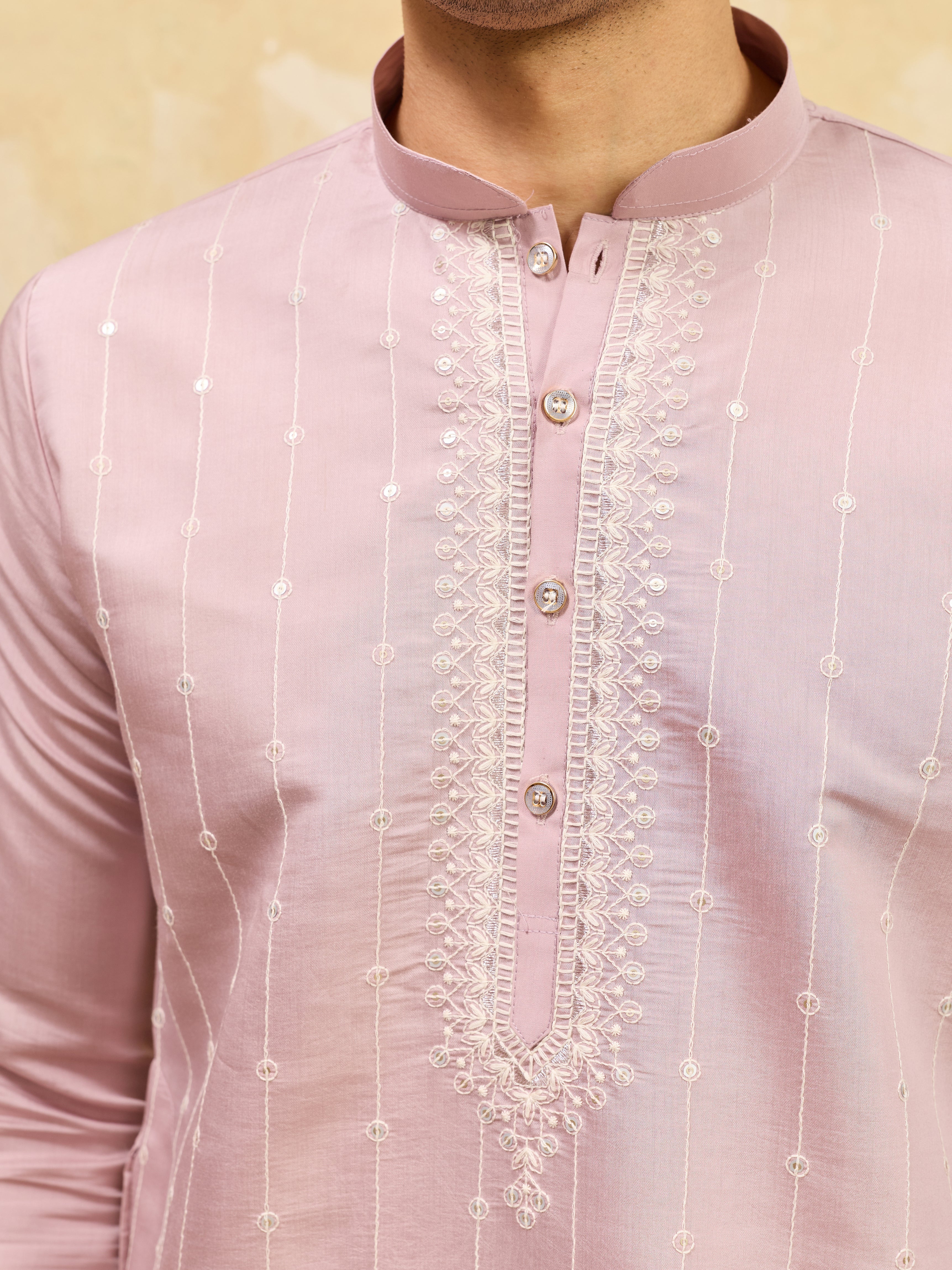 Festive Lavender Viscose Silk Multi-Thread Embroidery Kurta Set