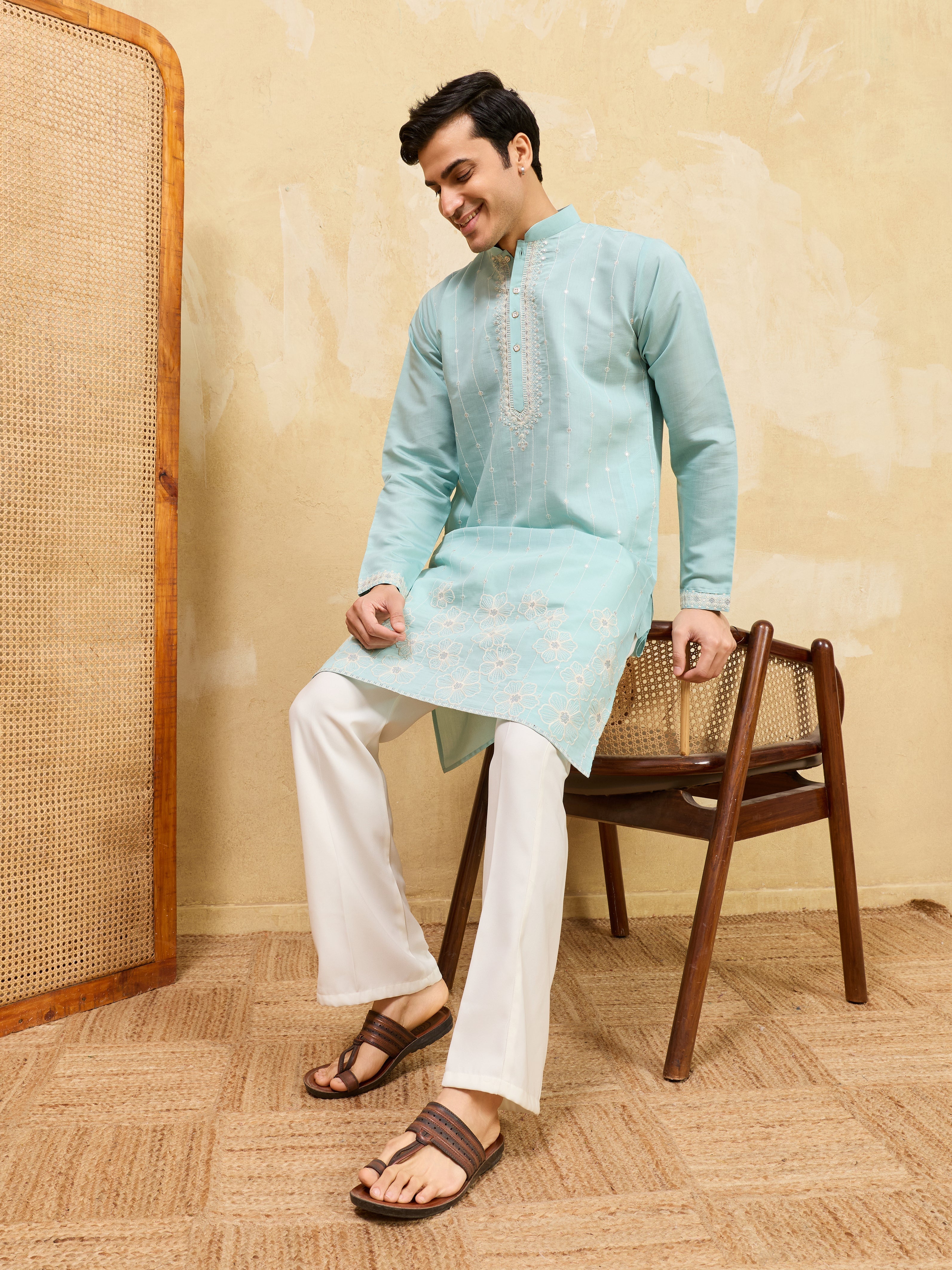 Modern Sky Blue Viscose Silk Fancy Embroidered Men’s Kurta