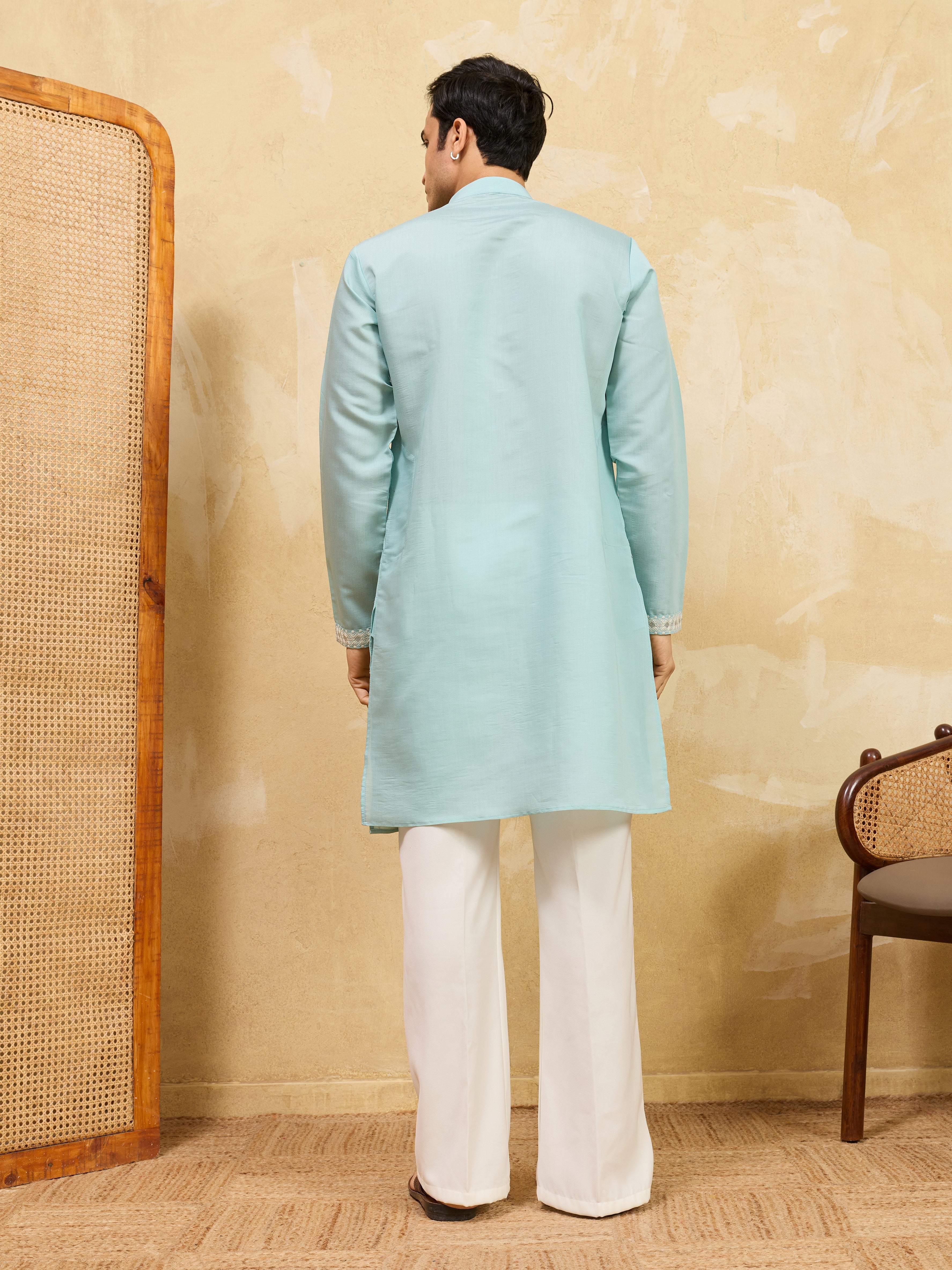 Modern Sky Blue Viscose Silk Fancy Embroidered Men’s Kurta