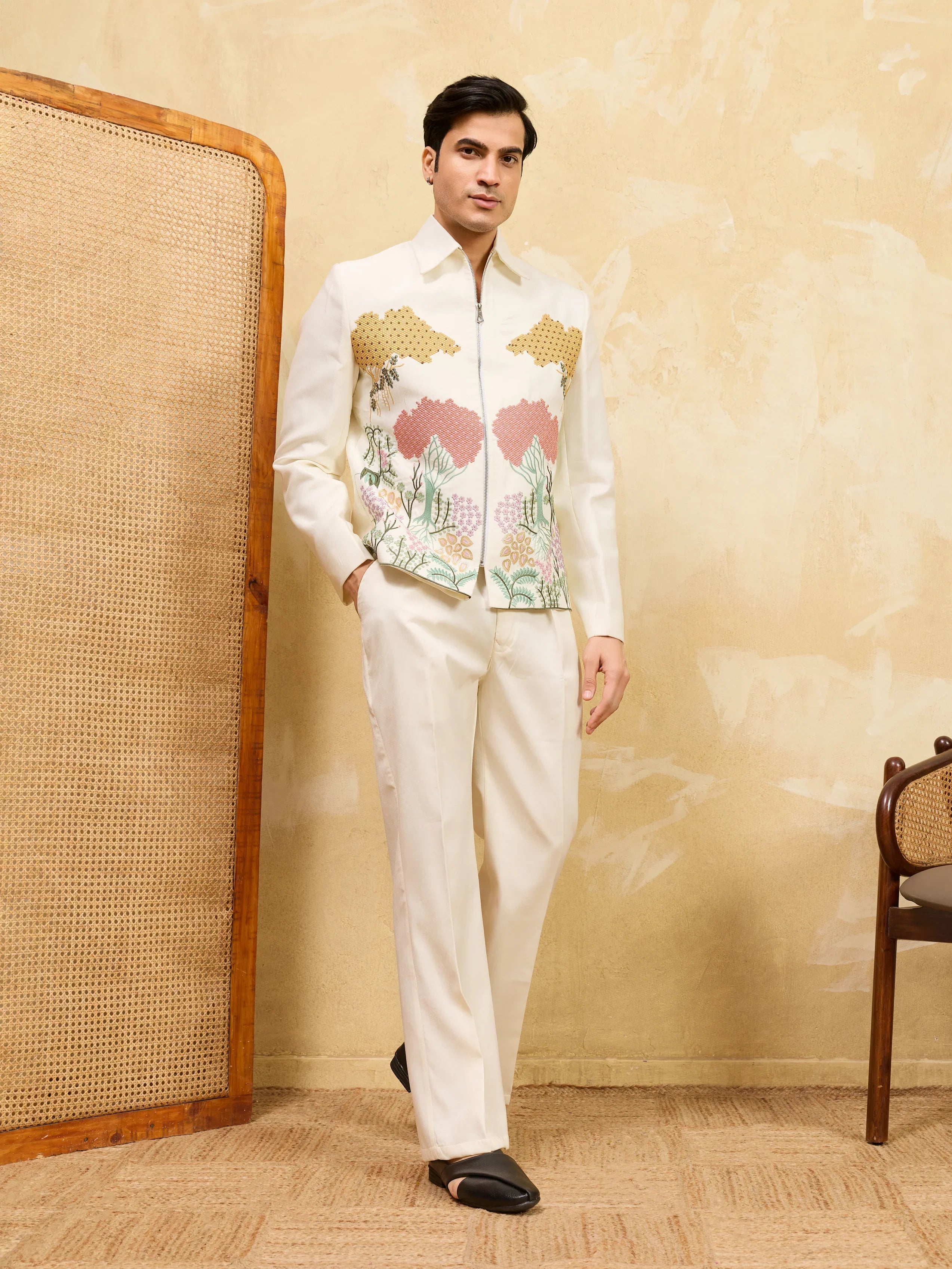 Premium White Bomber Jacket Featuring Multi Thread Sequin Work with Pant
