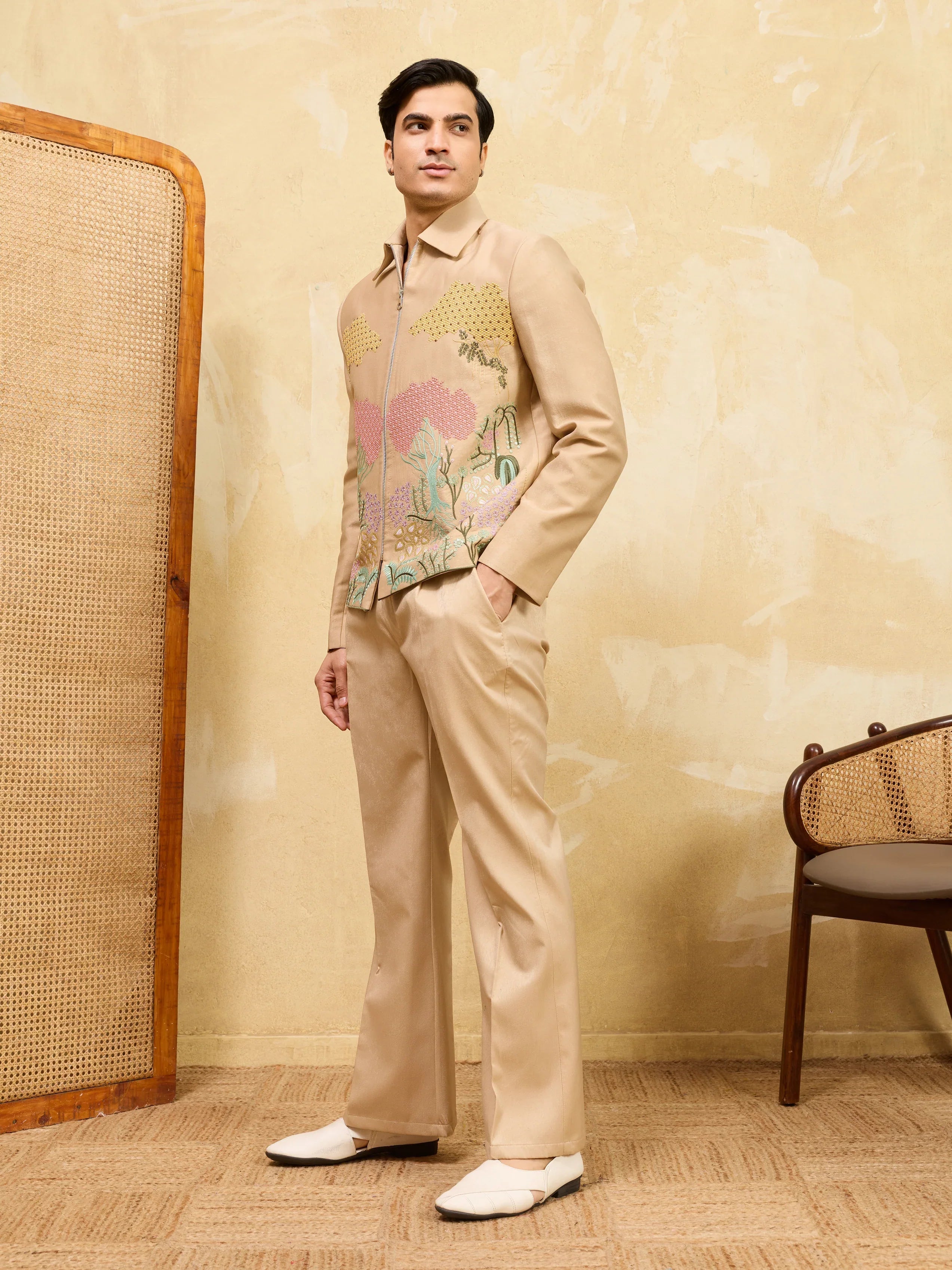 Beige Bomber Jacket with Embroidered Thread Work and Pant Set for Men
