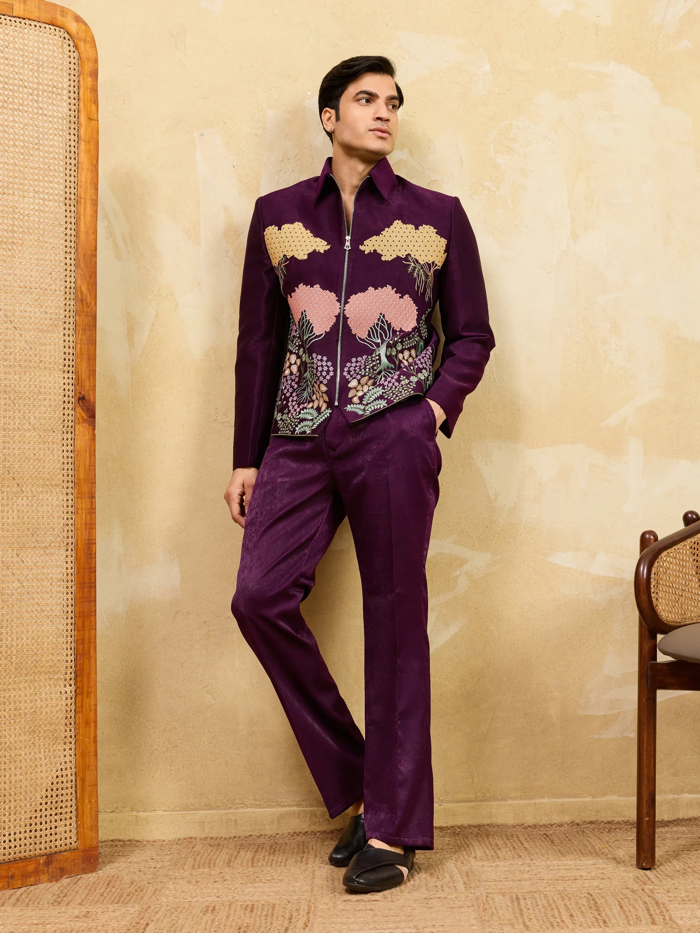 Stylish Wine Bomber Jacket with Embroidered Thread and Pants for Men