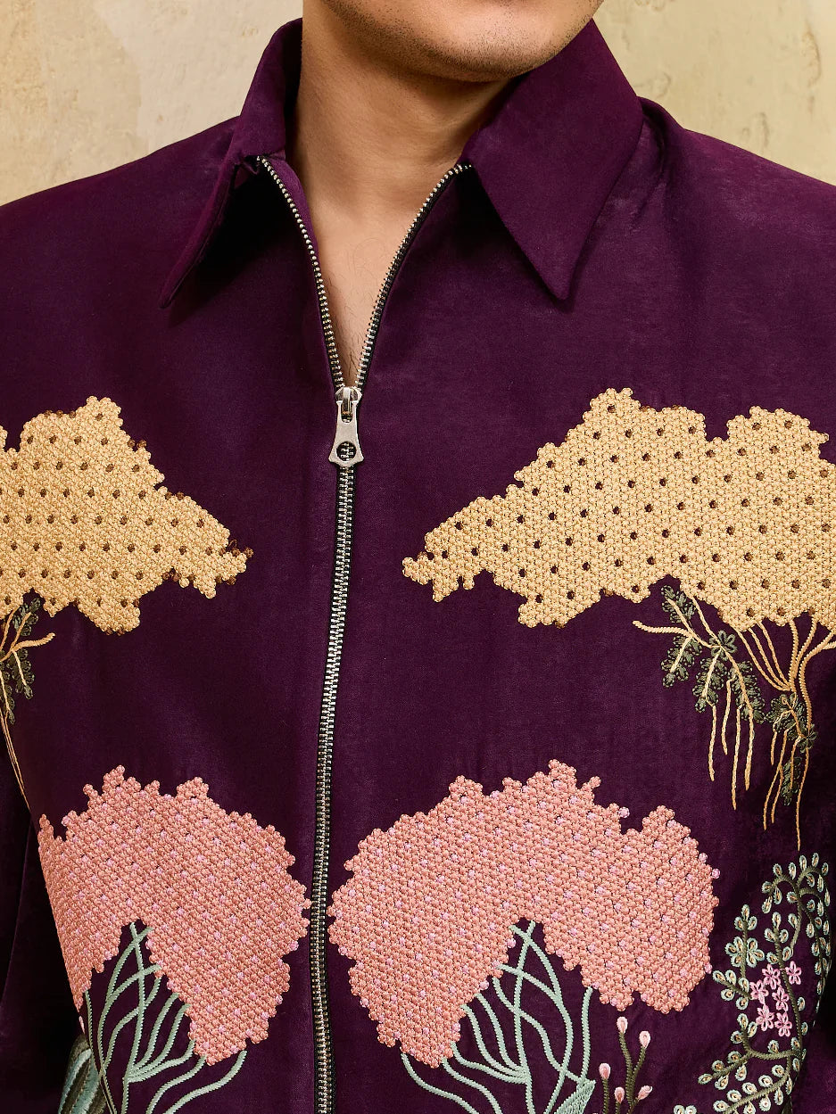 Stylish Wine Bomber Jacket with Embroidered Thread and Pants for Men
