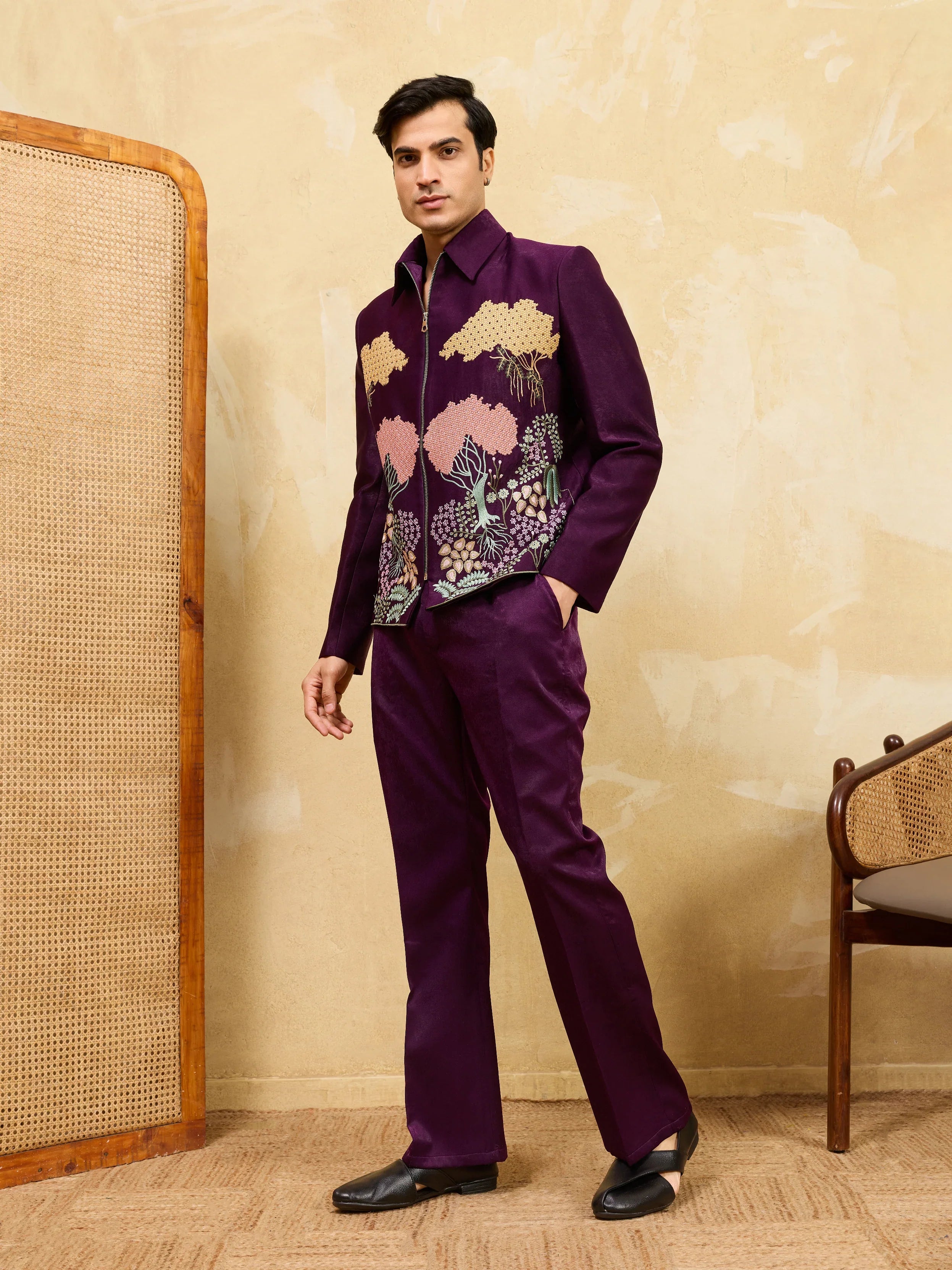 Stylish Wine Bomber Jacket with Embroidered Thread and Pants for Men