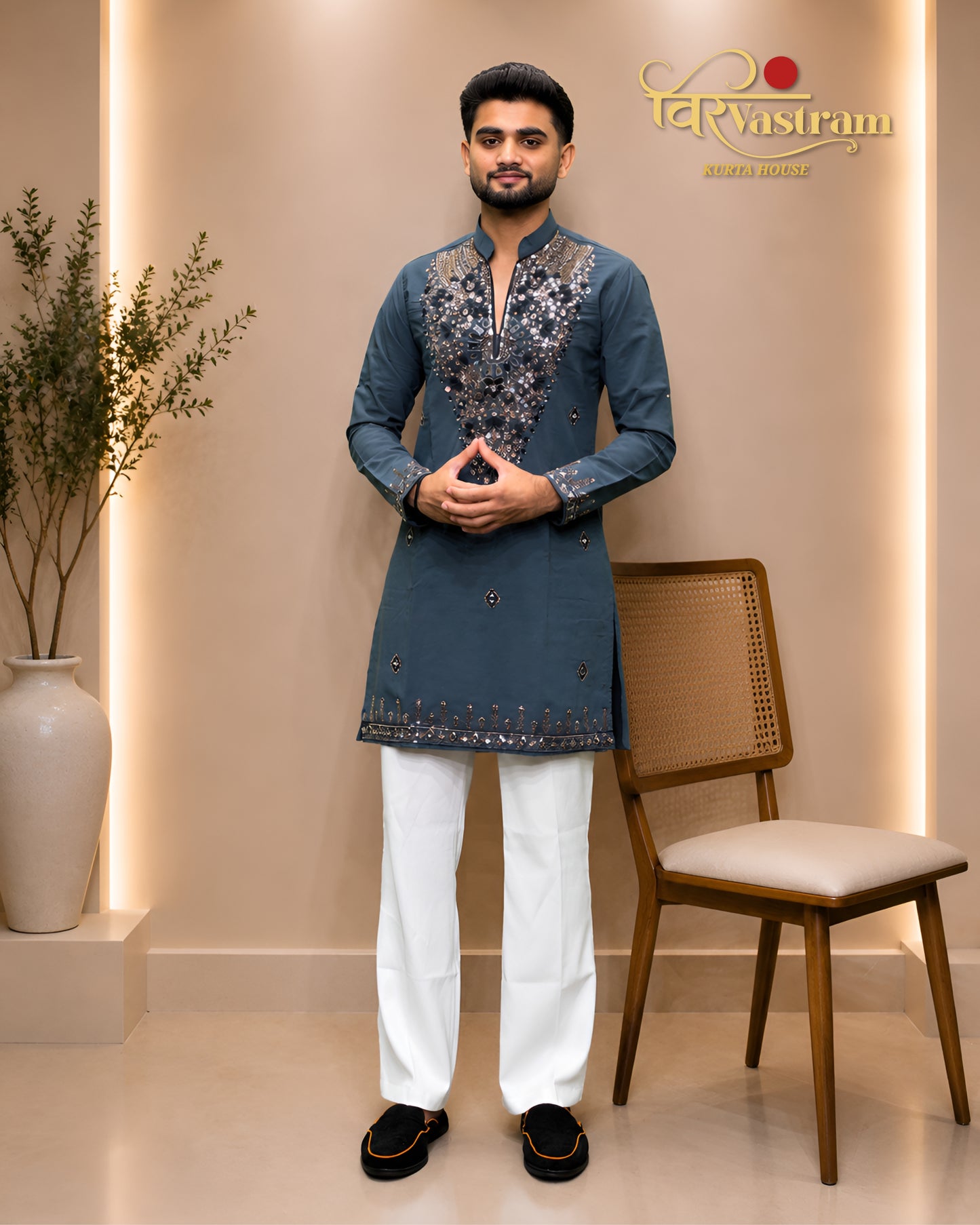 Premium Armani Fabric Mirror & Beads Work V-Neck Short Kurta
